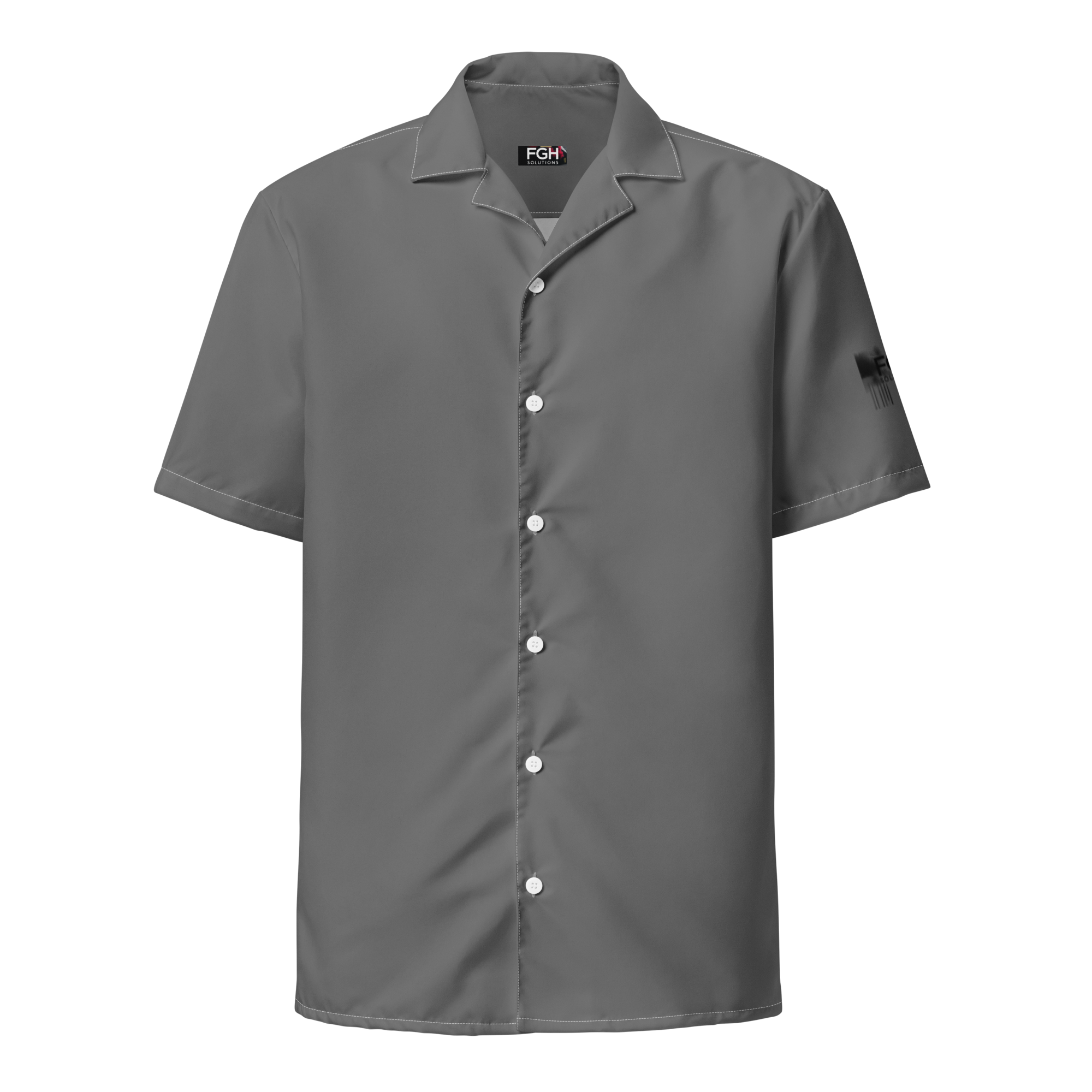 Front and side view of the FGH Raccoon City Jungle Hustle unisex button shirt in grey with bold graffiti-style backprint and urban raccoon design.