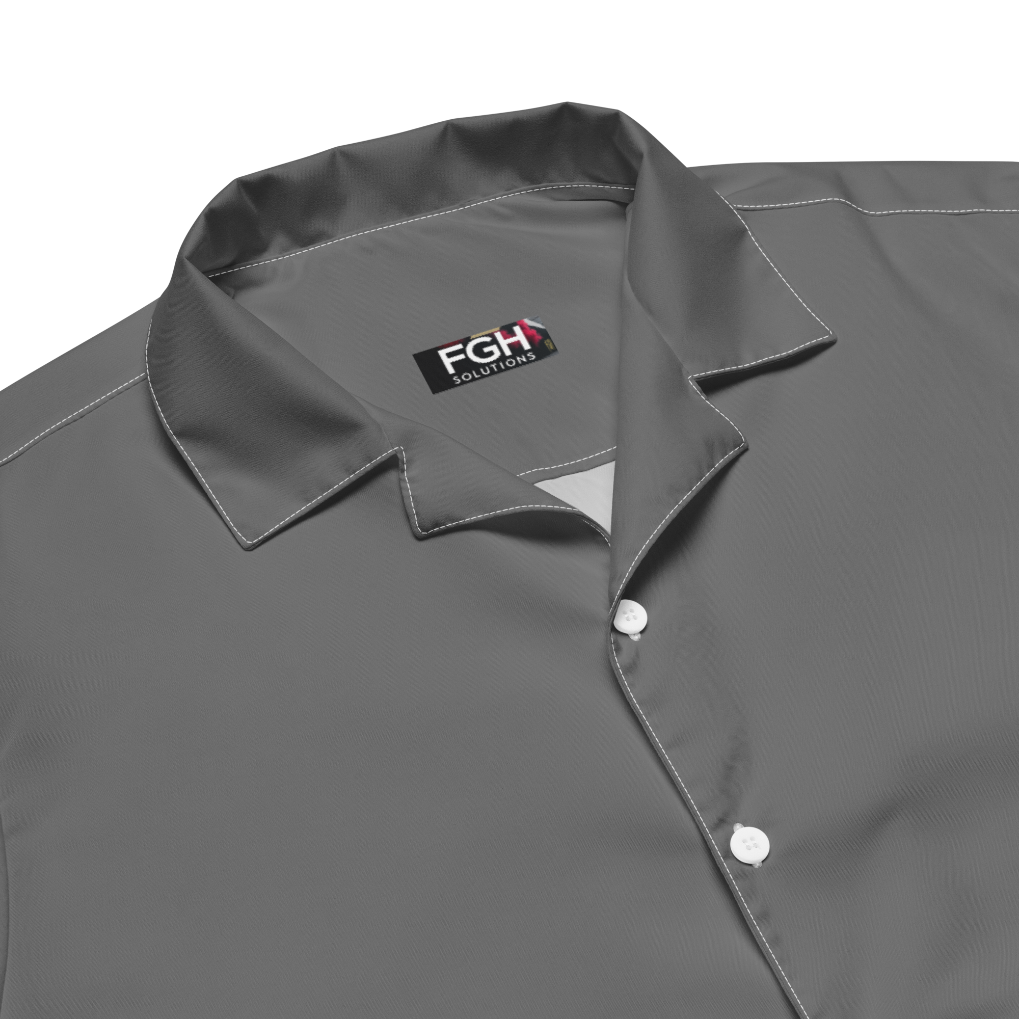 Front and side view of the FGH Raccoon City Jungle Hustle unisex button shirt in grey with bold graffiti-style backprint and urban raccoon design.