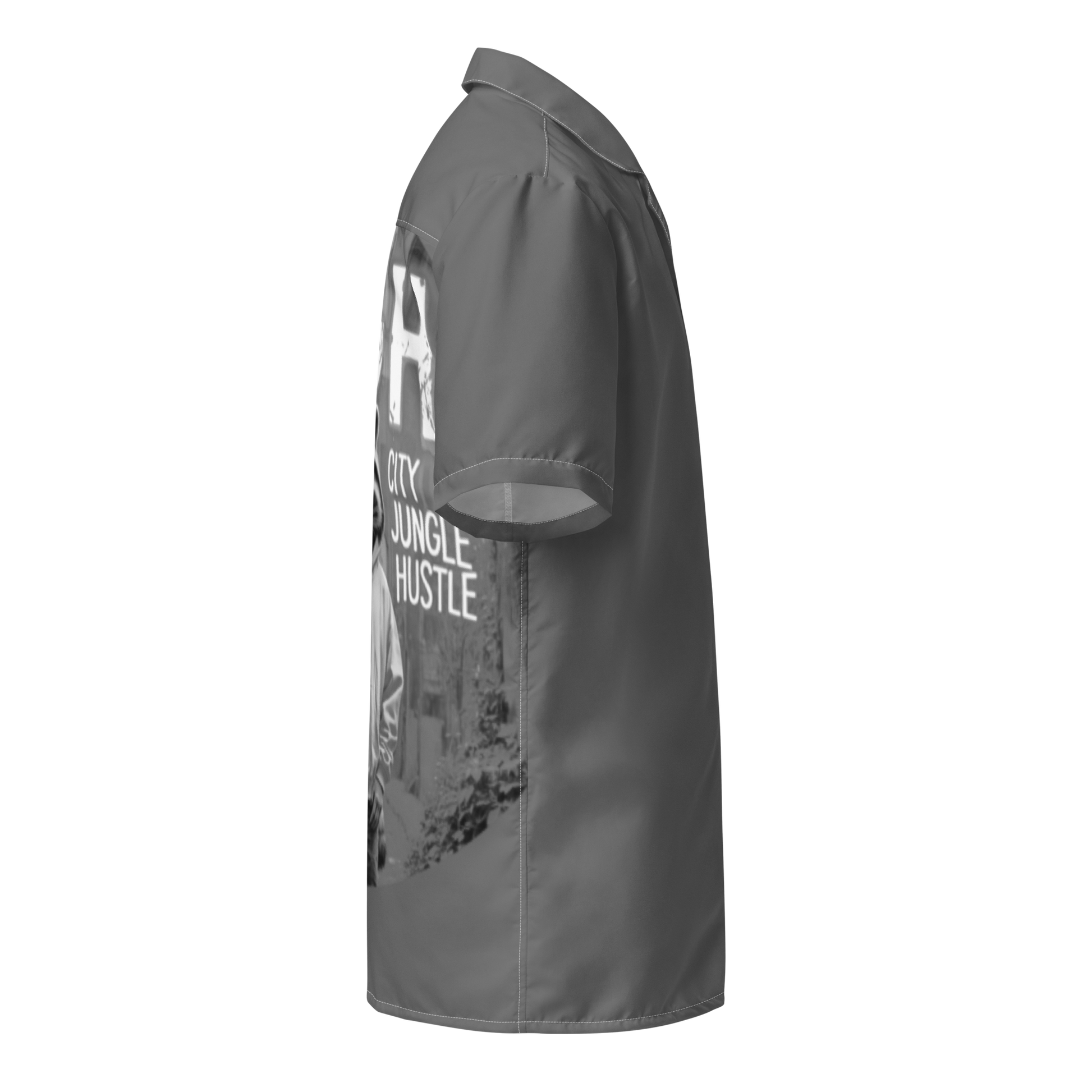 Front and side view of the FGH Raccoon City Jungle Hustle unisex button shirt in grey with bold graffiti-style backprint and urban raccoon design.