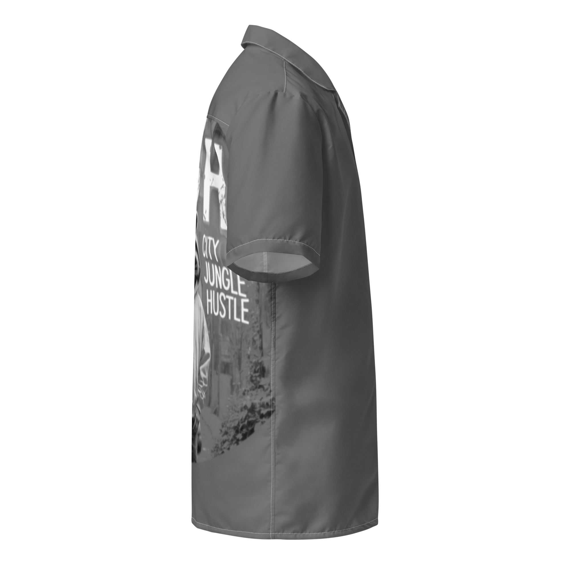 Front and side view of the FGH Raccoon City Jungle Hustle unisex button shirt in grey with bold graffiti-style backprint and urban raccoon design.