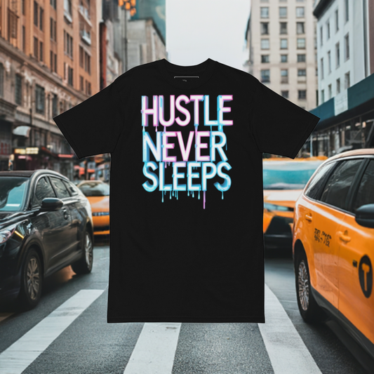 Hustle Never Sleeps T-shirt in heavyweight cotton with graffiti print, urban streetwear by FGH Collective.