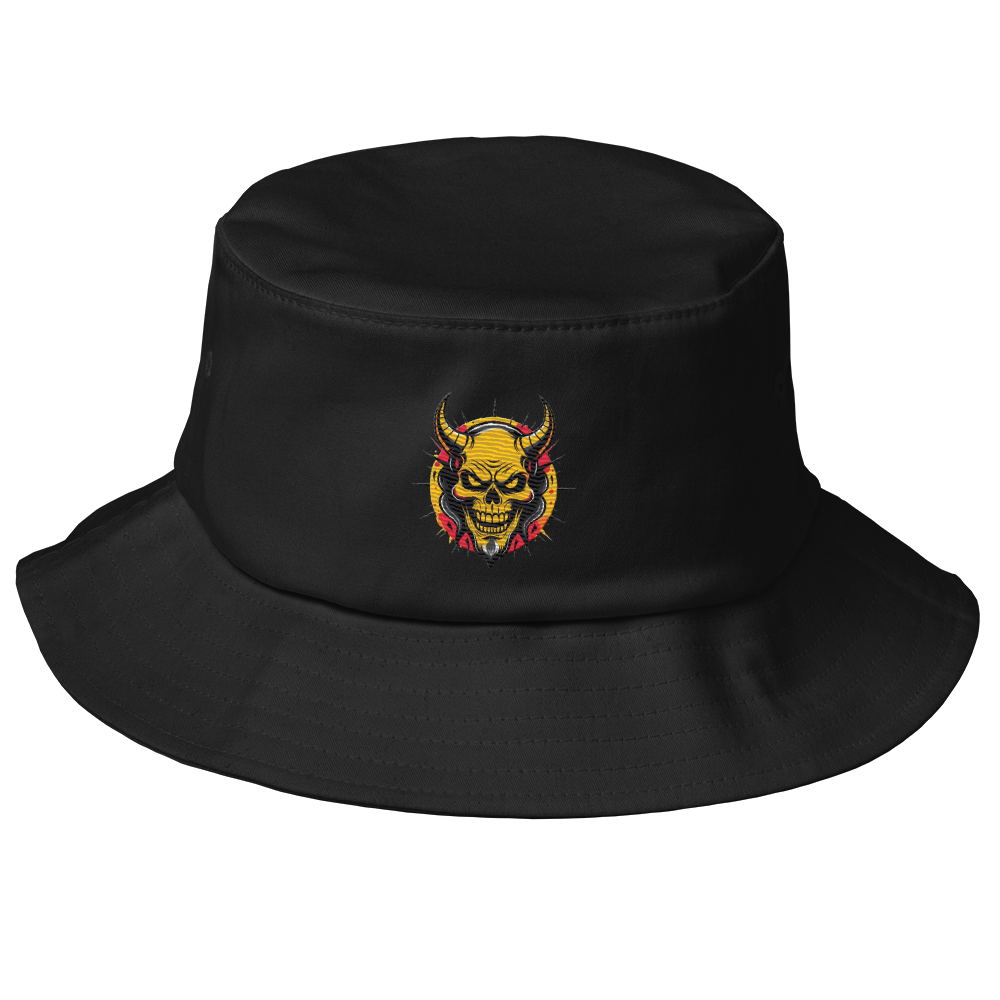 The Orange Devil Bucket Hat in black with bold embroidered graffiti devil design, shown from front view on neutral background
