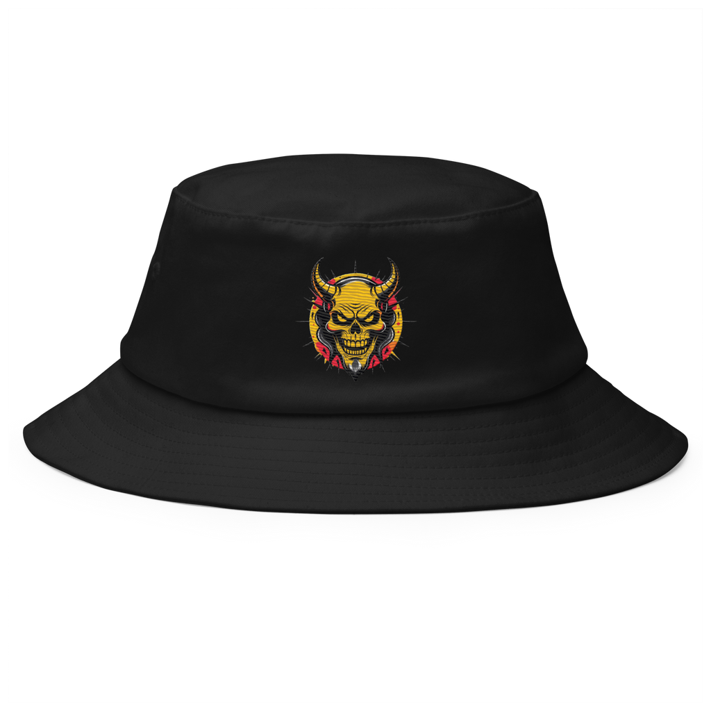 The Orange Devil Bucket Hat in black with bold embroidered graffiti devil design, shown from front view on neutral background
