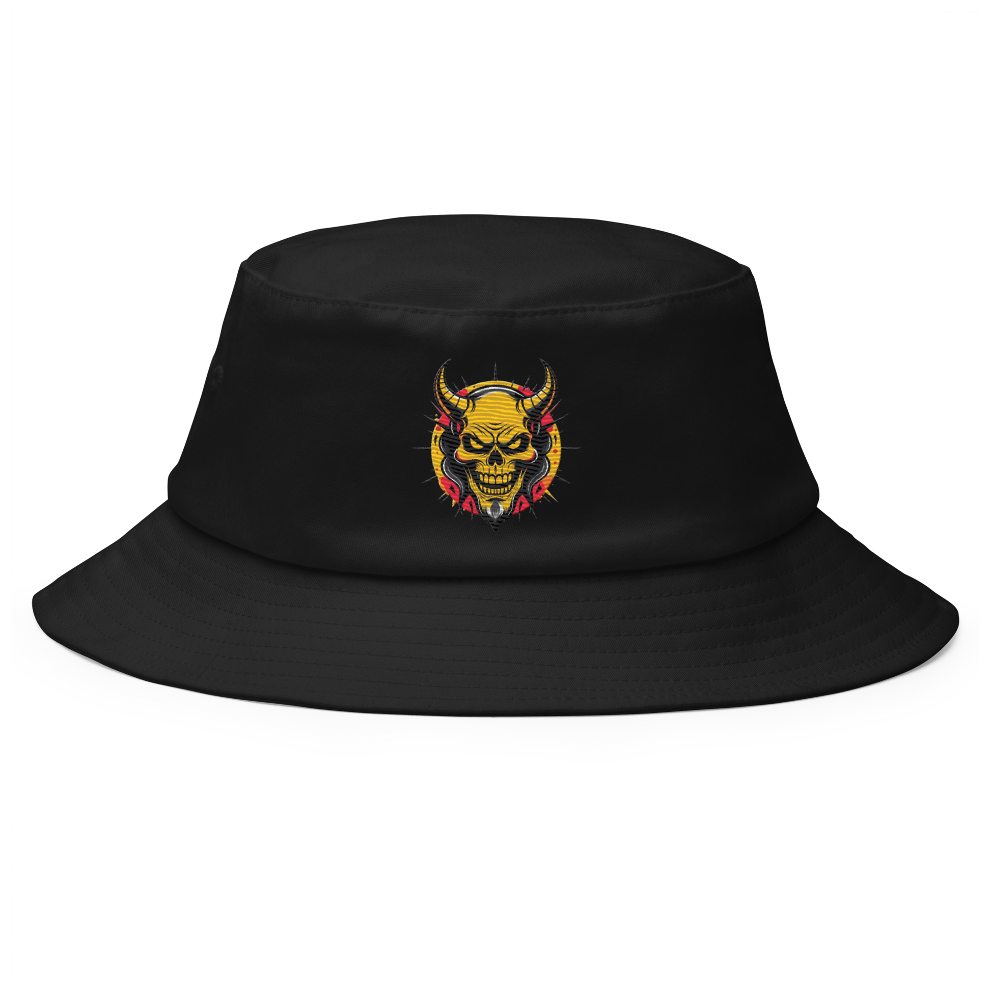 The Orange Devil Bucket Hat in black with bold embroidered graffiti devil design, shown from front view on neutral background
