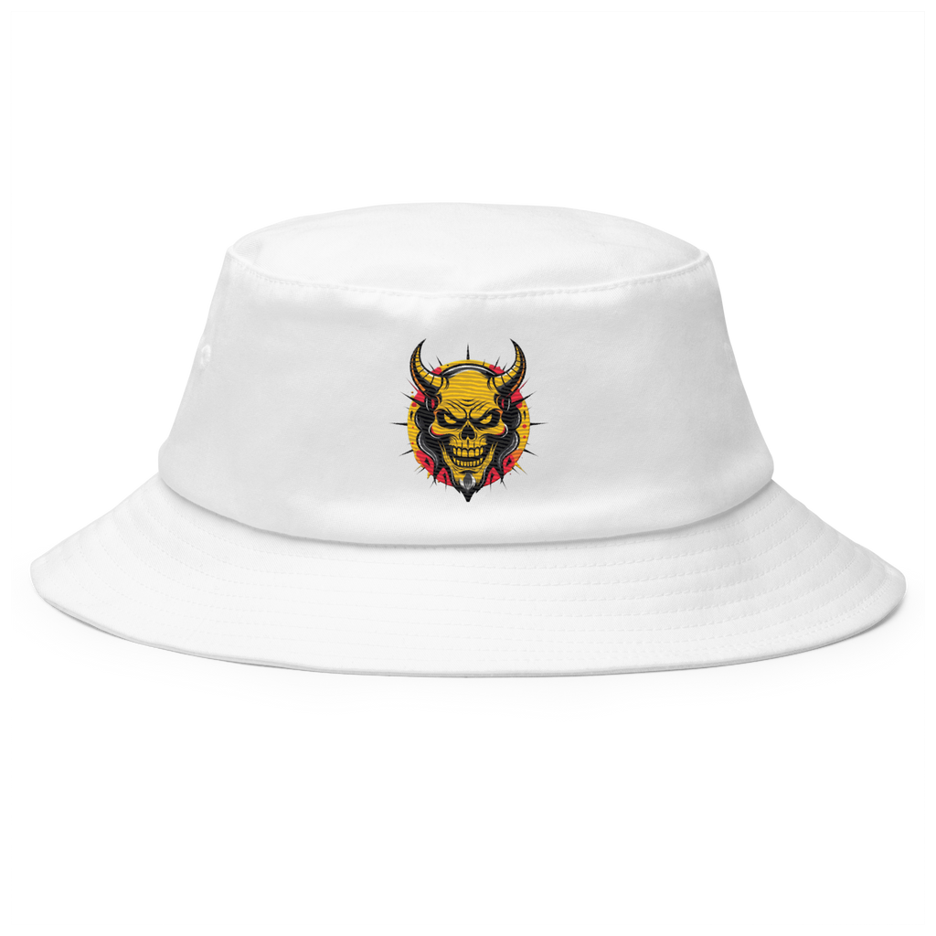 The Orange Devil Bucket Hat in black with bold embroidered graffiti devil design, shown from front view on neutral background
