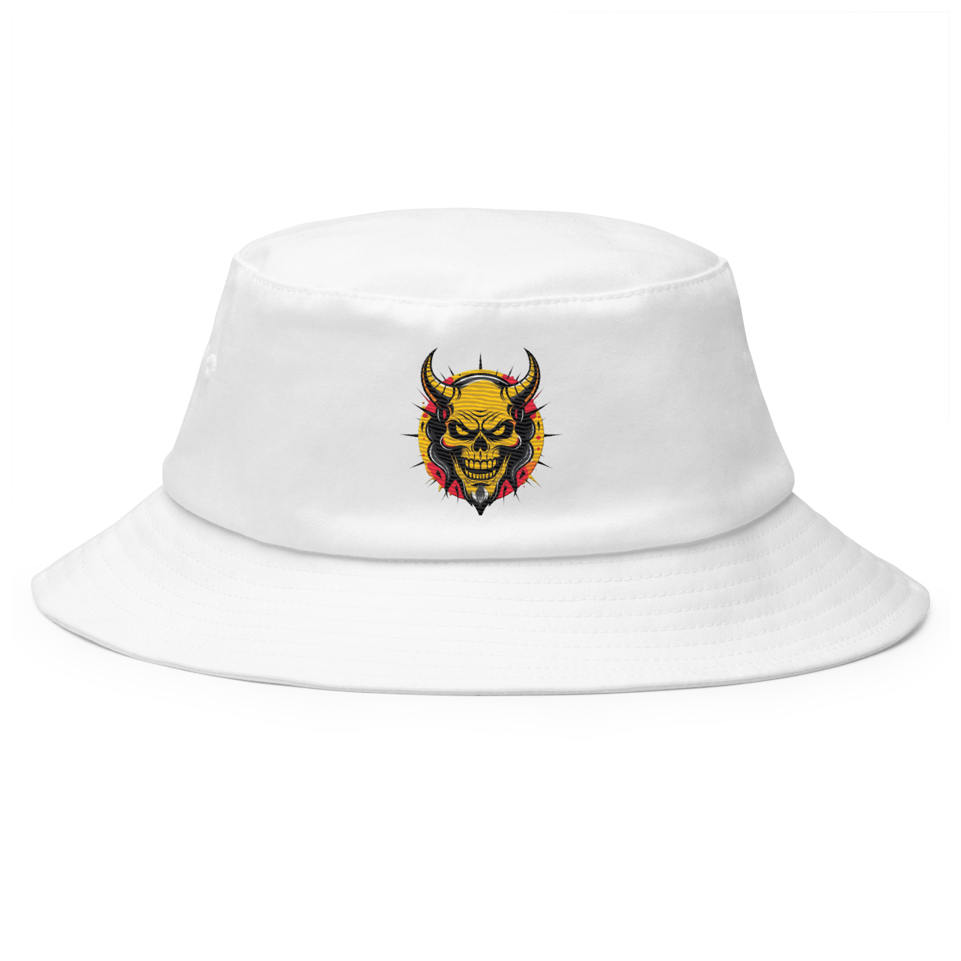 The Orange Devil Bucket Hat in black with bold embroidered graffiti devil design, shown from front view on neutral background
