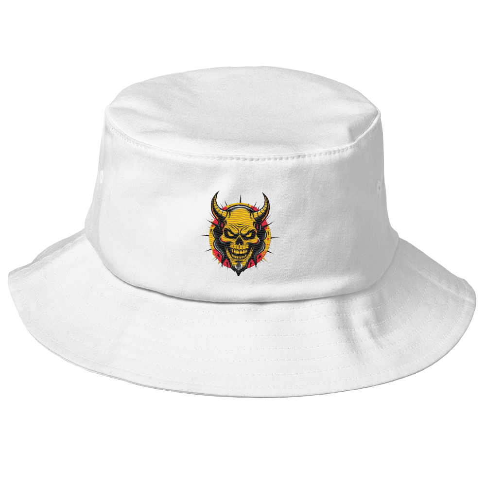 The Orange Devil Bucket Hat in black with bold embroidered graffiti devil design, shown from front view on neutral background

