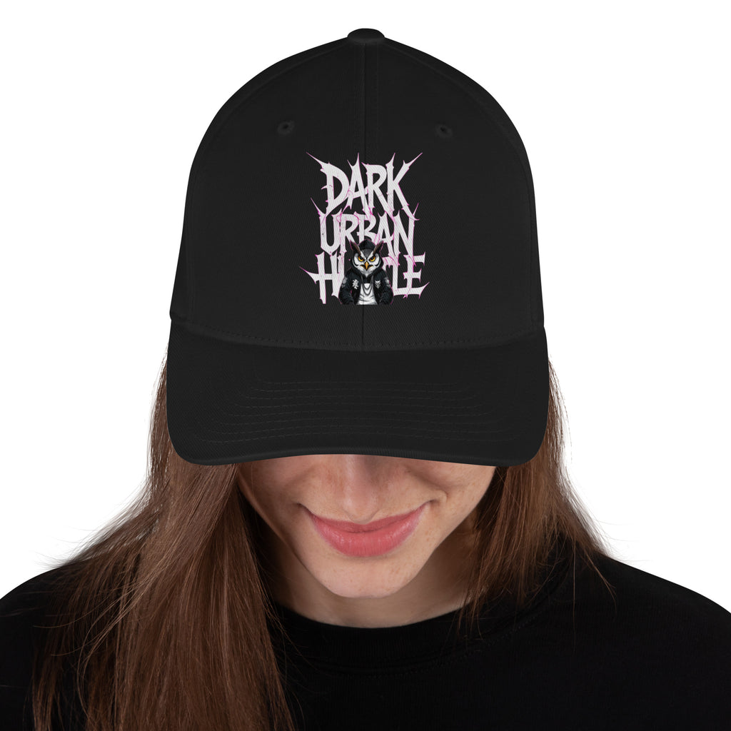 Dark Urban Hustle Flexfit cap featuring bold gothic print, premium streetwear accessory.