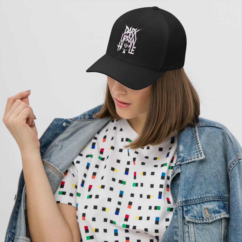 Dark Urban Hustle Flexfit cap featuring bold gothic print, premium streetwear accessory.