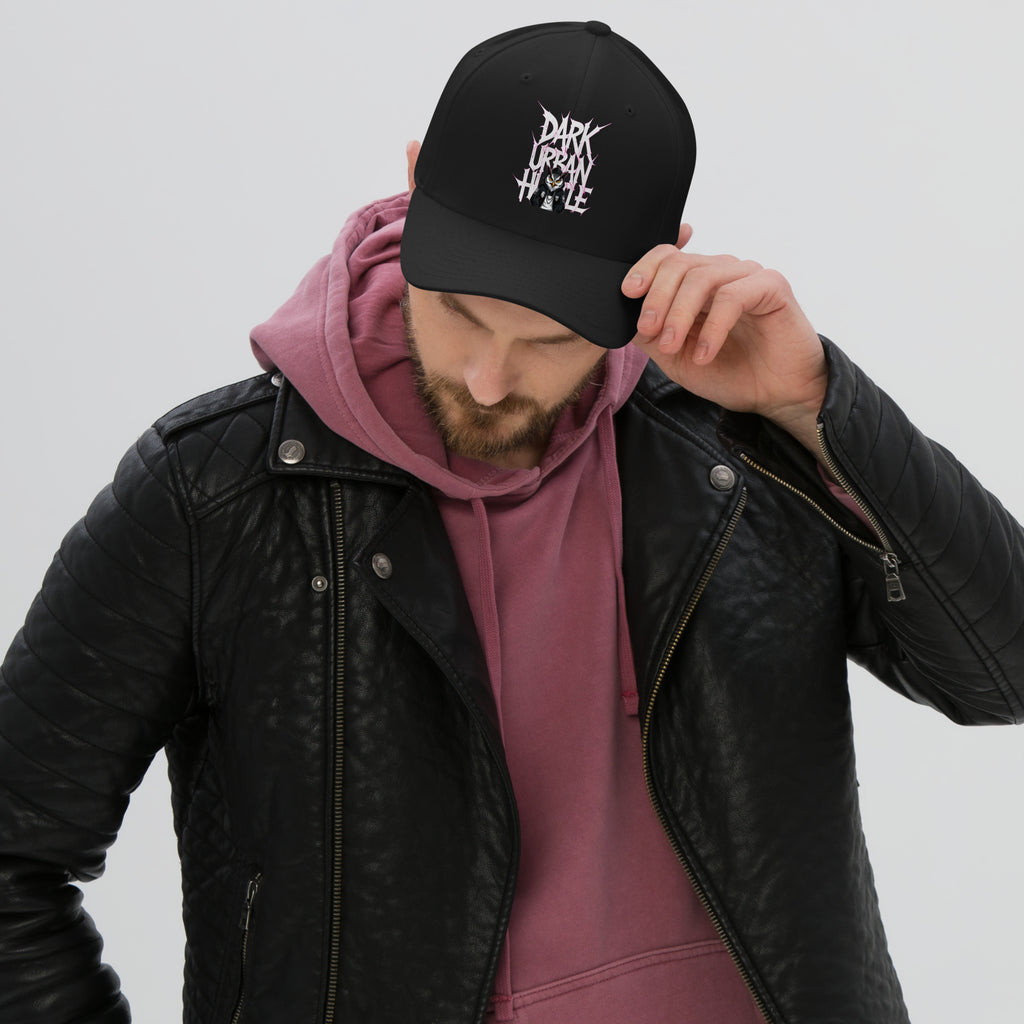 Dark Urban Hustle Flexfit cap featuring bold gothic print, premium streetwear accessory.