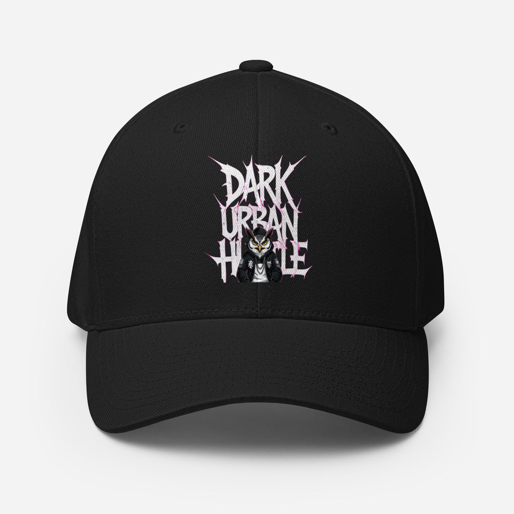 Dark Urban Hustle Flexfit cap featuring bold gothic print, premium streetwear accessory.