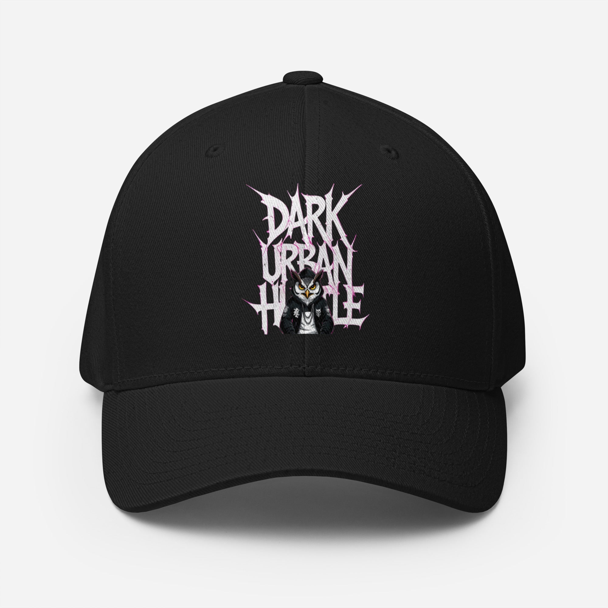 Dark Urban Hustle Flexfit cap featuring bold gothic print, premium streetwear accessory.