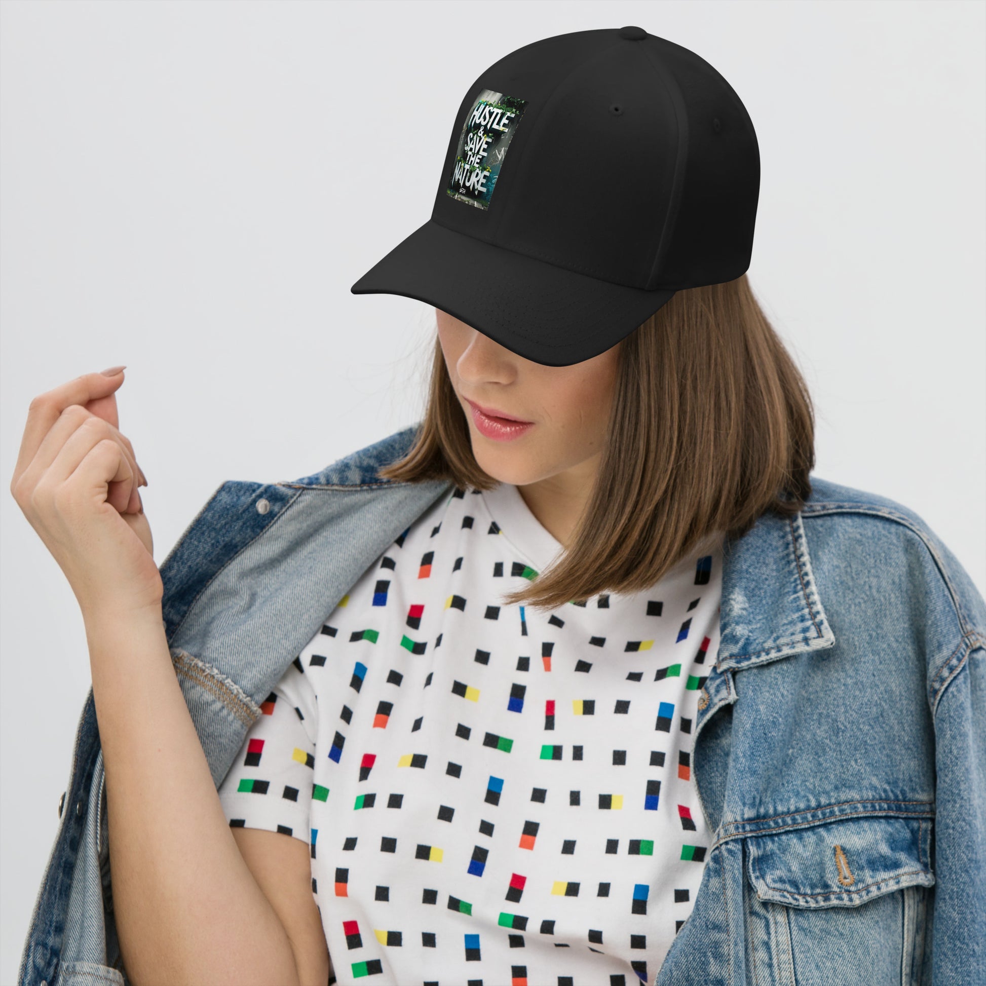 Flexfit twill cap with “Hustle and Save the Nature” embroidery by FGH Collective.