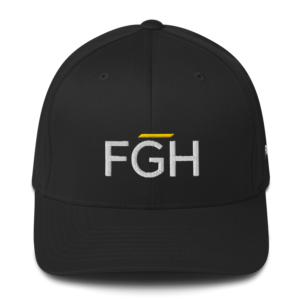 Black streetwear cap with embroidered “FGH” front logo and stitched “Fight Grind Hustle” side detail – premium Swiss urban headwear