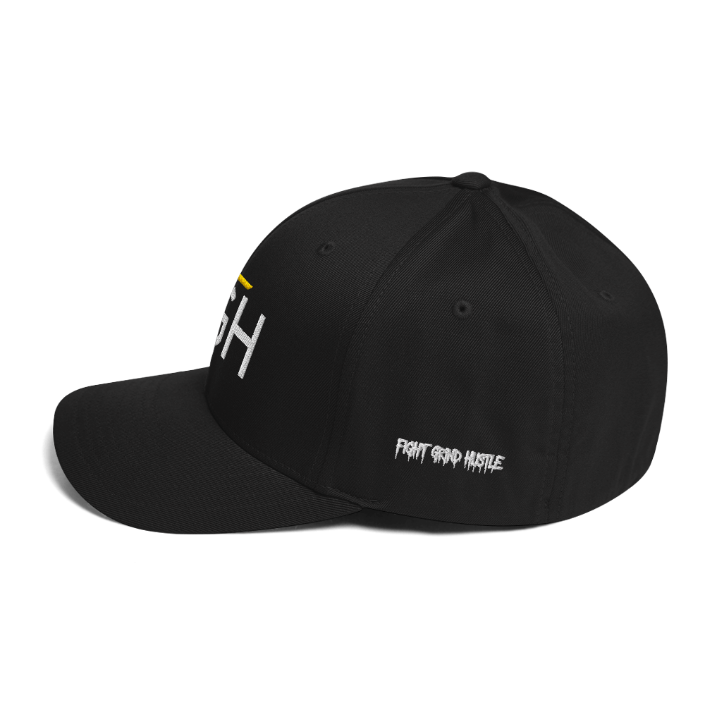 Black streetwear cap with embroidered “FGH” front logo and stitched “Fight Grind Hustle” side detail – premium Swiss urban headwear