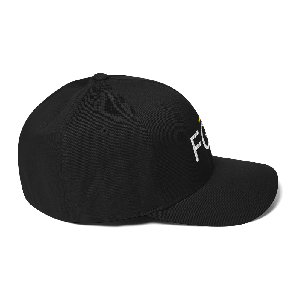 Black streetwear cap with embroidered “FGH” front logo and stitched “Fight Grind Hustle” side detail – premium Swiss urban headwear
