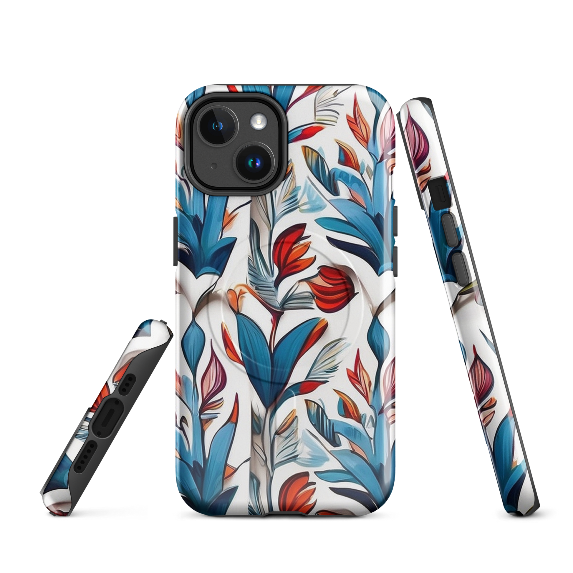 MagSafe iPhone case with colorful nature-inspired floral and jungle leaf design in red, blue, and green tones – stylish shockproof eco cover