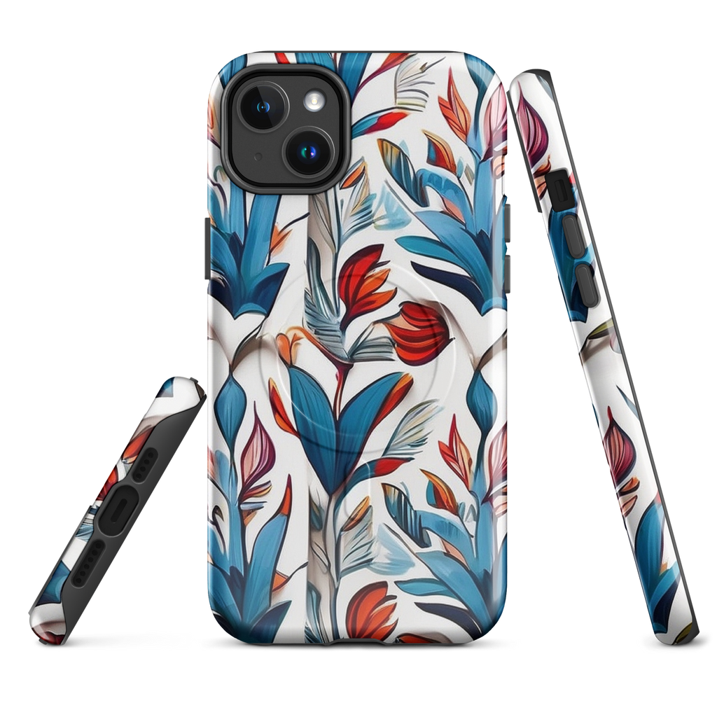 MagSafe iPhone case with colorful nature-inspired floral and jungle leaf design in red, blue, and green tones – stylish shockproof eco cover