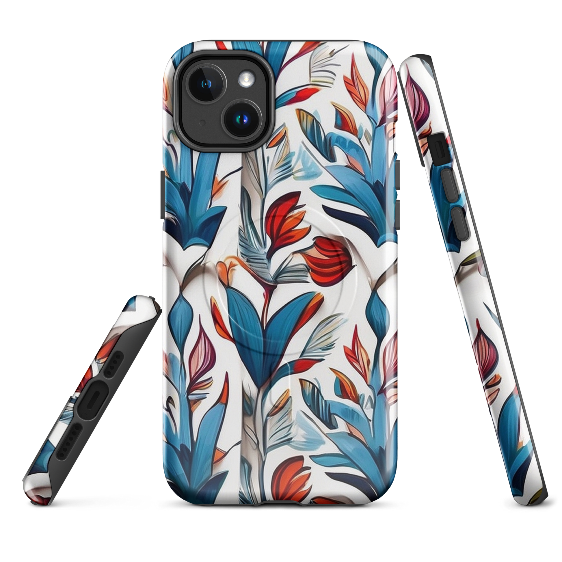 MagSafe iPhone case with colorful nature-inspired floral and jungle leaf design in red, blue, and green tones – stylish shockproof eco cover