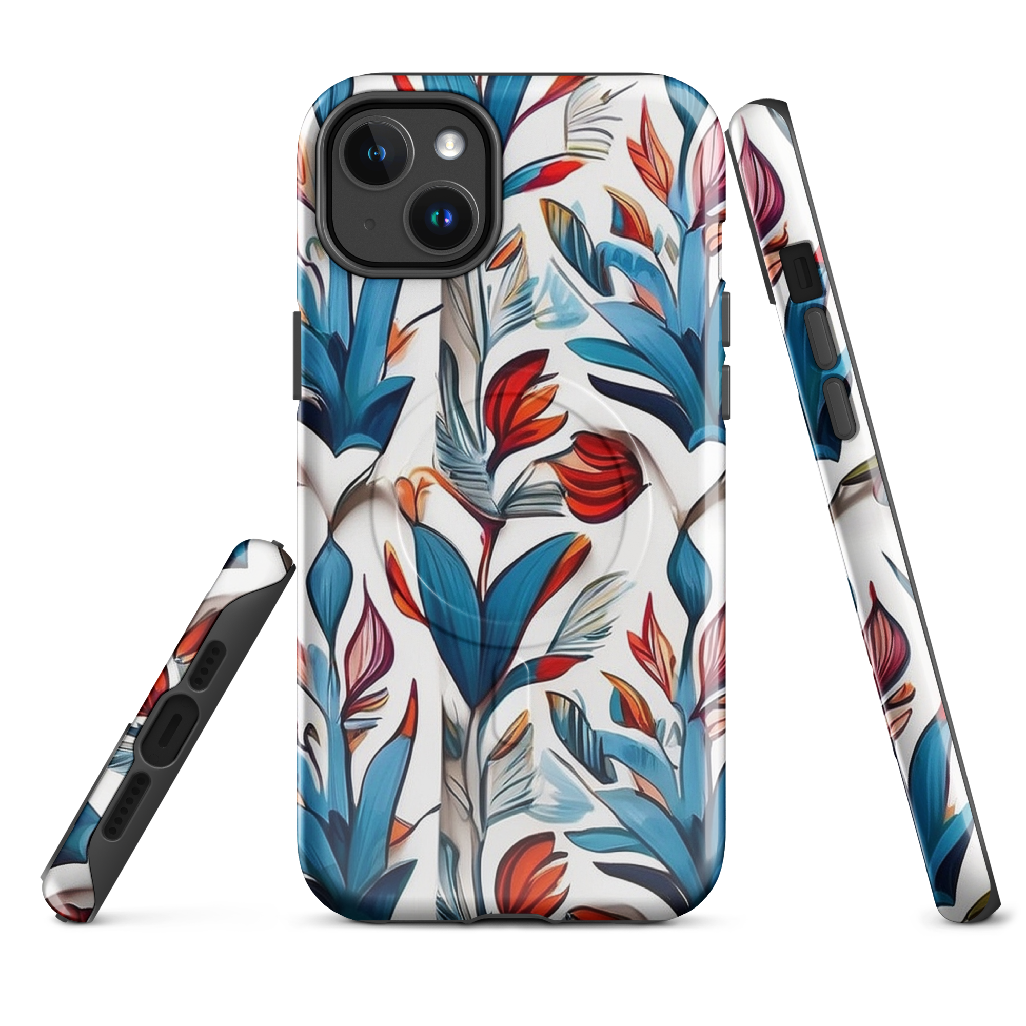 MagSafe iPhone case with colorful nature-inspired floral and jungle leaf design in red, blue, and green tones – stylish shockproof eco cover