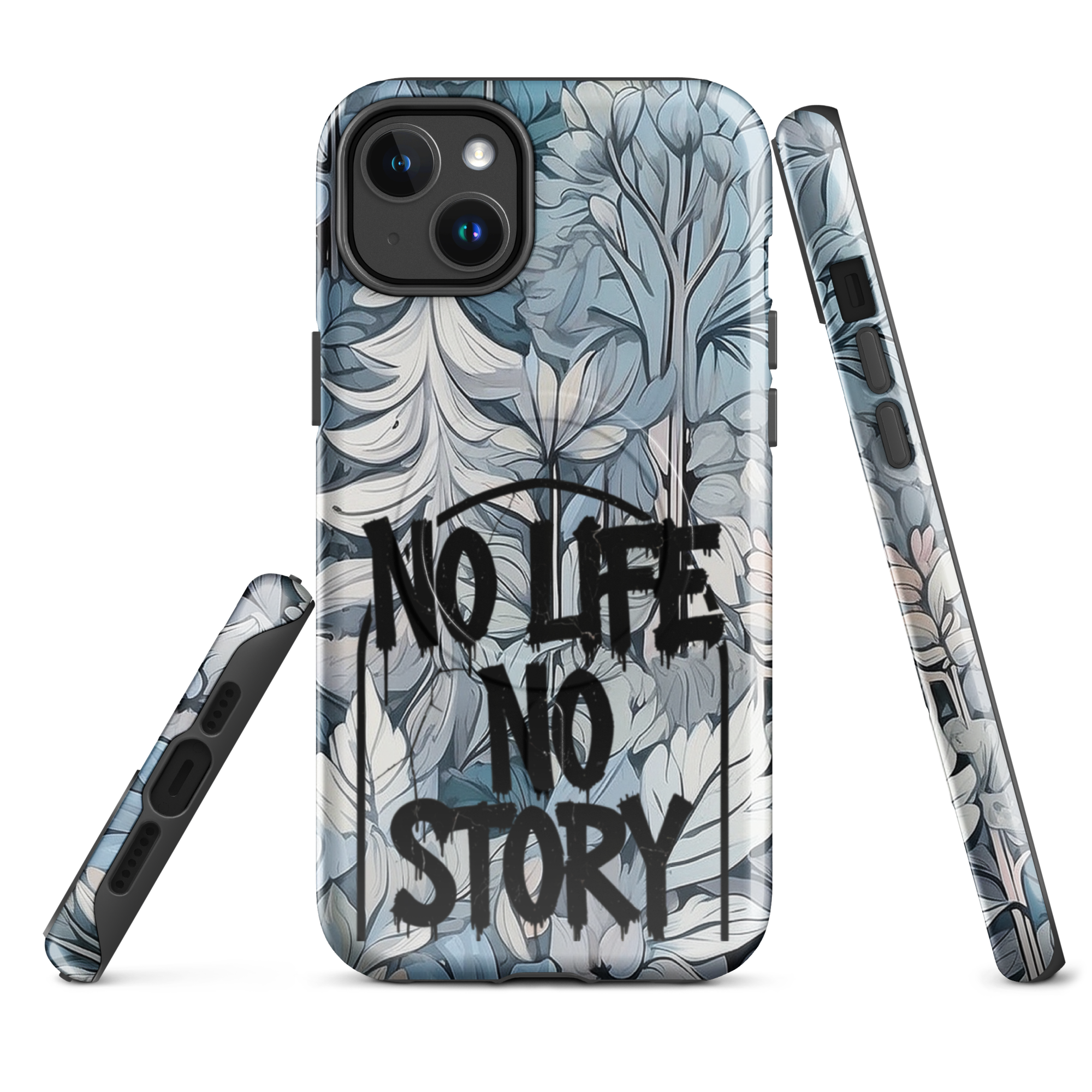 Blue & Grey iPhone® MagSafe® tough case with ‘No Life No Story’ graffiti slogan and gothic forest background design