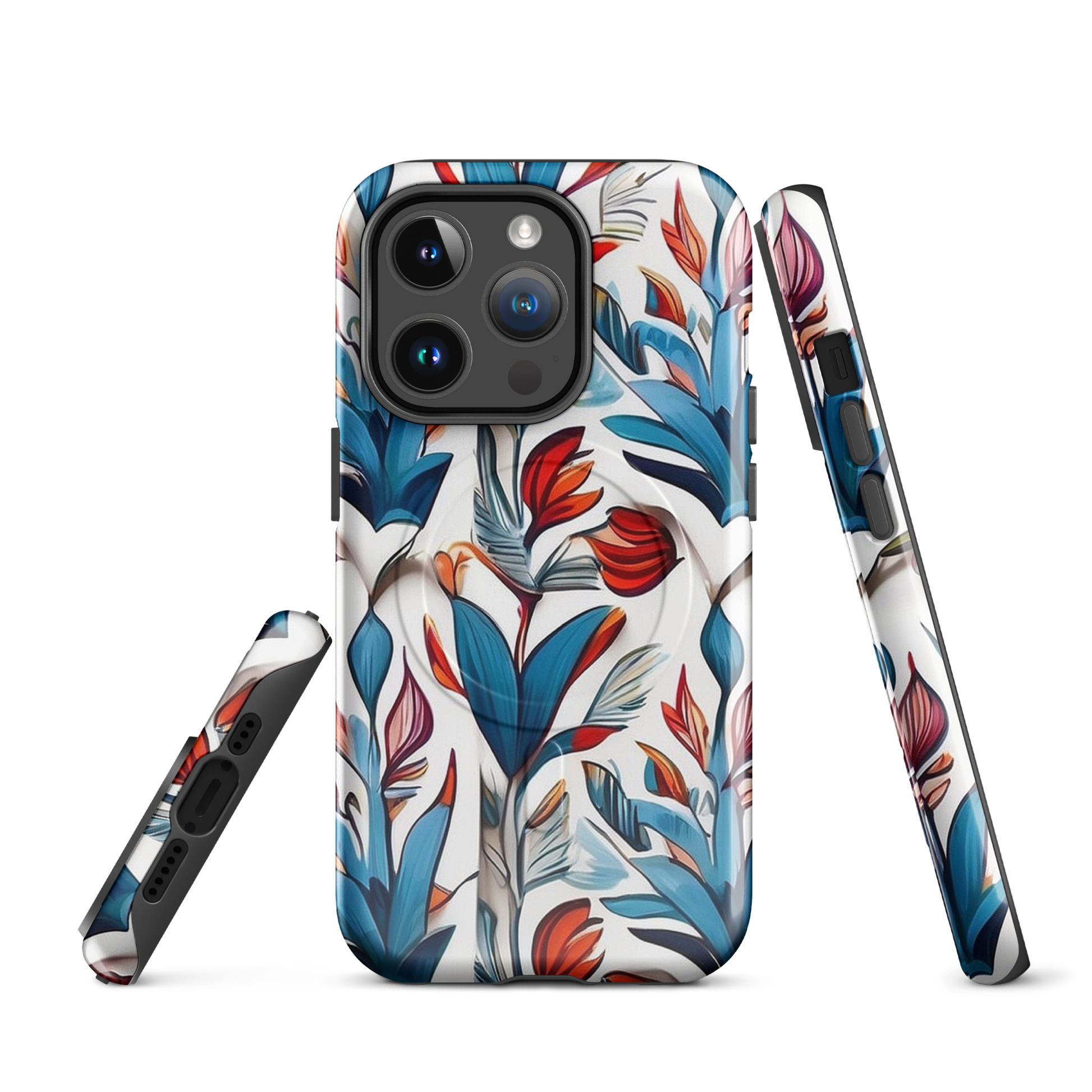 MagSafe iPhone case with colorful nature-inspired floral and jungle leaf design in red, blue, and green tones – stylish shockproof eco cover