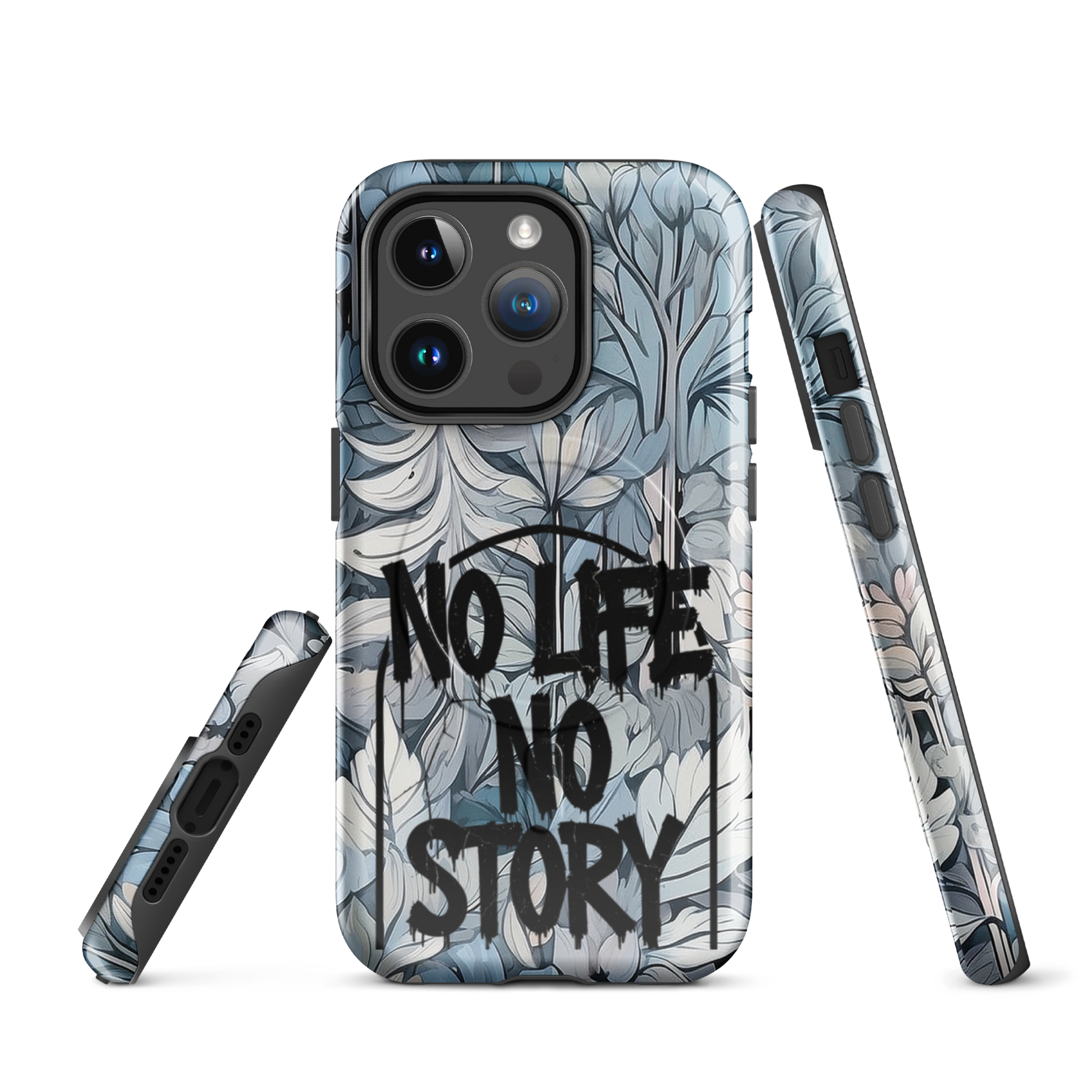 Blue & Grey iPhone® MagSafe® tough case with ‘No Life No Story’ graffiti slogan and gothic forest background design