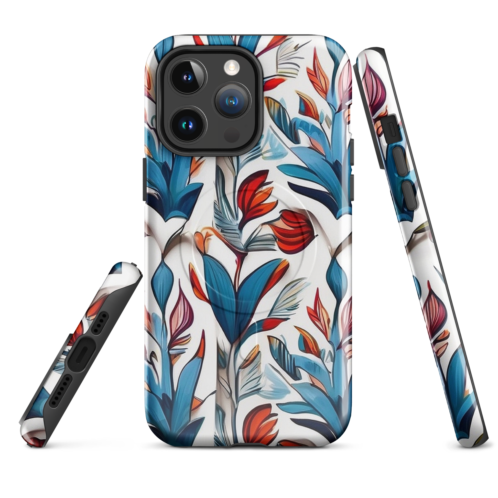 MagSafe iPhone case with colorful nature-inspired floral and jungle leaf design in red, blue, and green tones – stylish shockproof eco cover