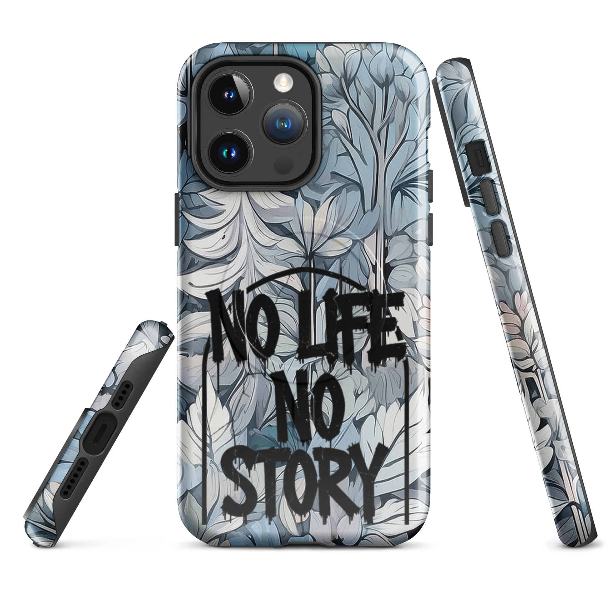 Blue & Grey iPhone® MagSafe® tough case with ‘No Life No Story’ graffiti slogan and gothic forest background design