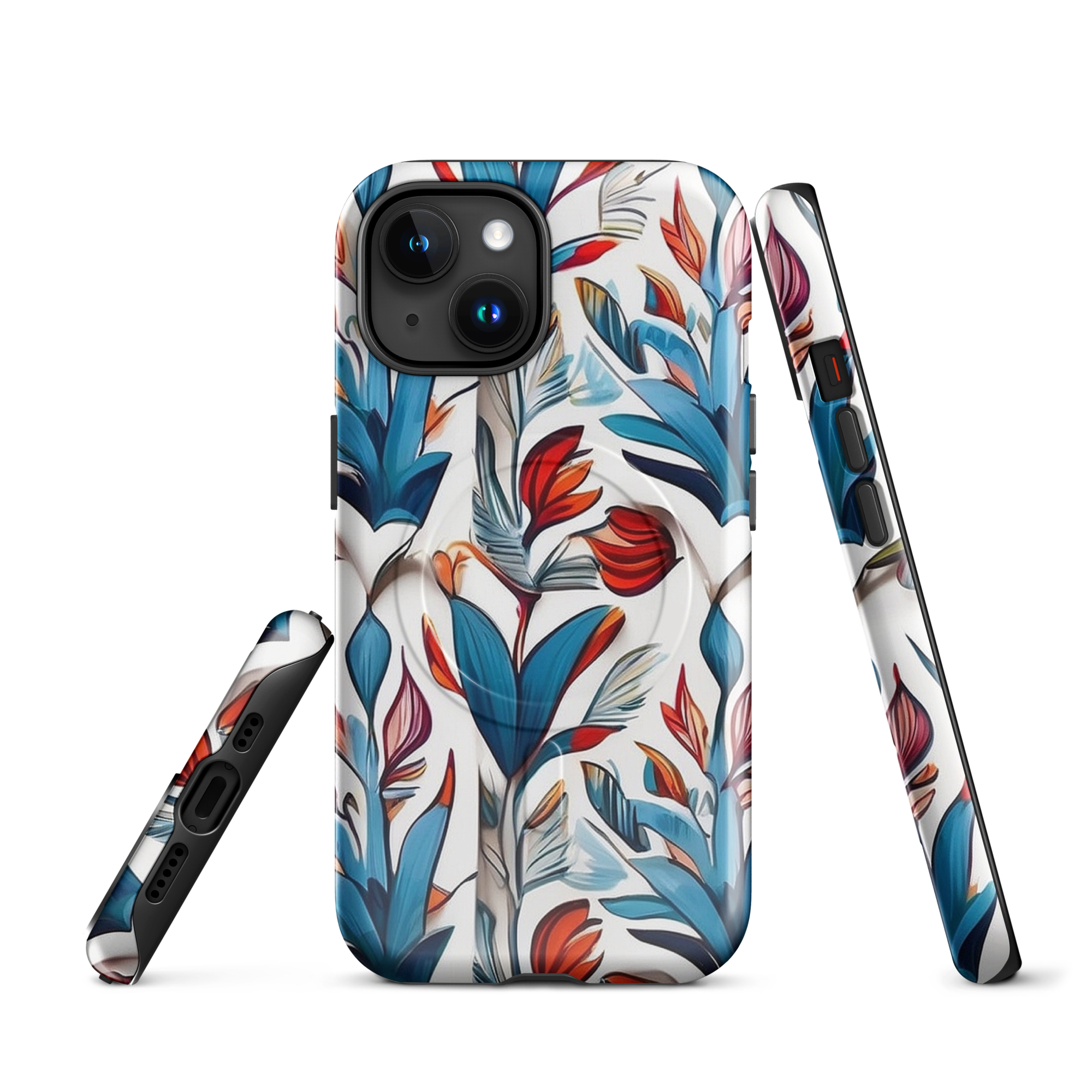 MagSafe iPhone case with colorful nature-inspired floral and jungle leaf design in red, blue, and green tones – stylish shockproof eco cover