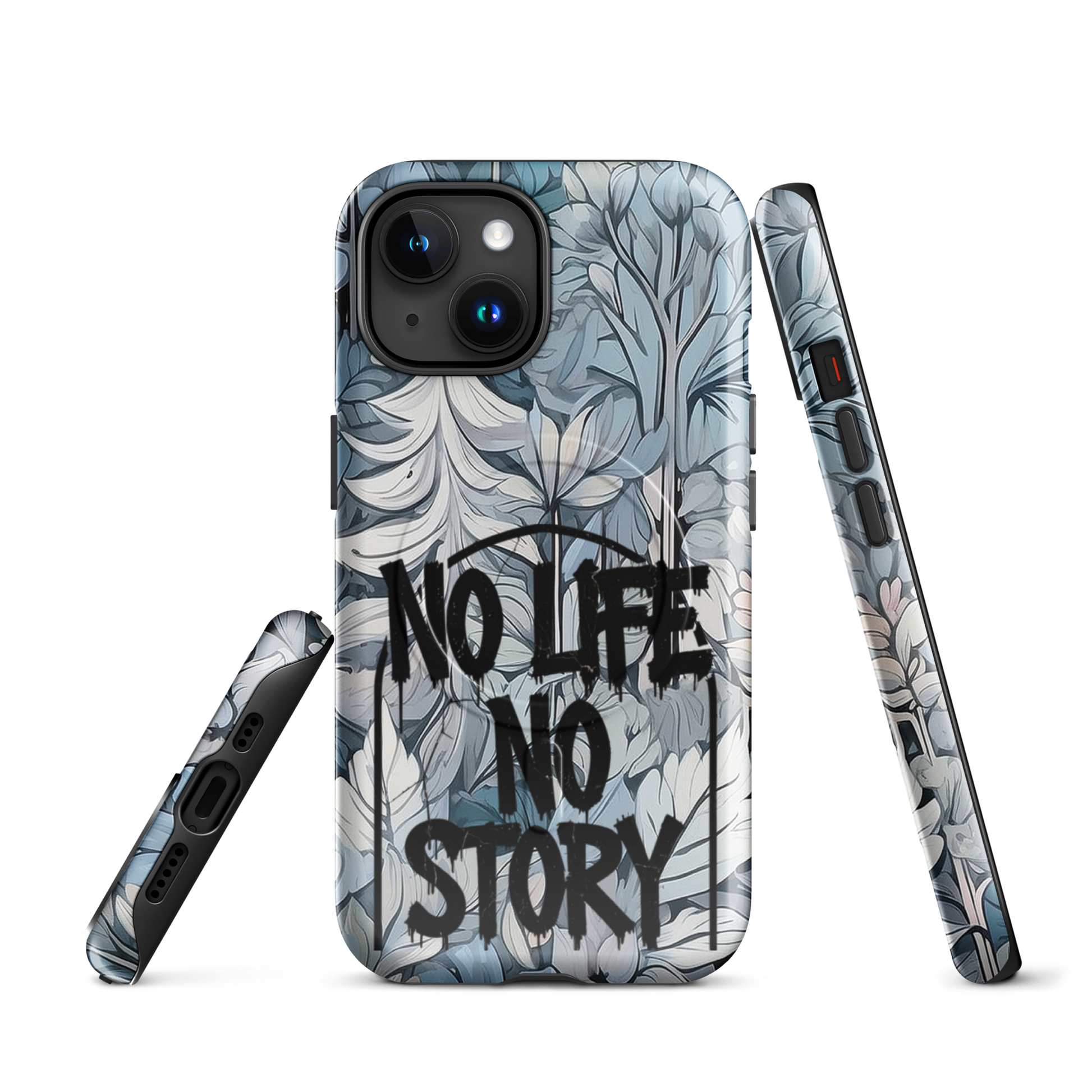 Blue & Grey iPhone® MagSafe® tough case with ‘No Life No Story’ graffiti slogan and gothic forest background design