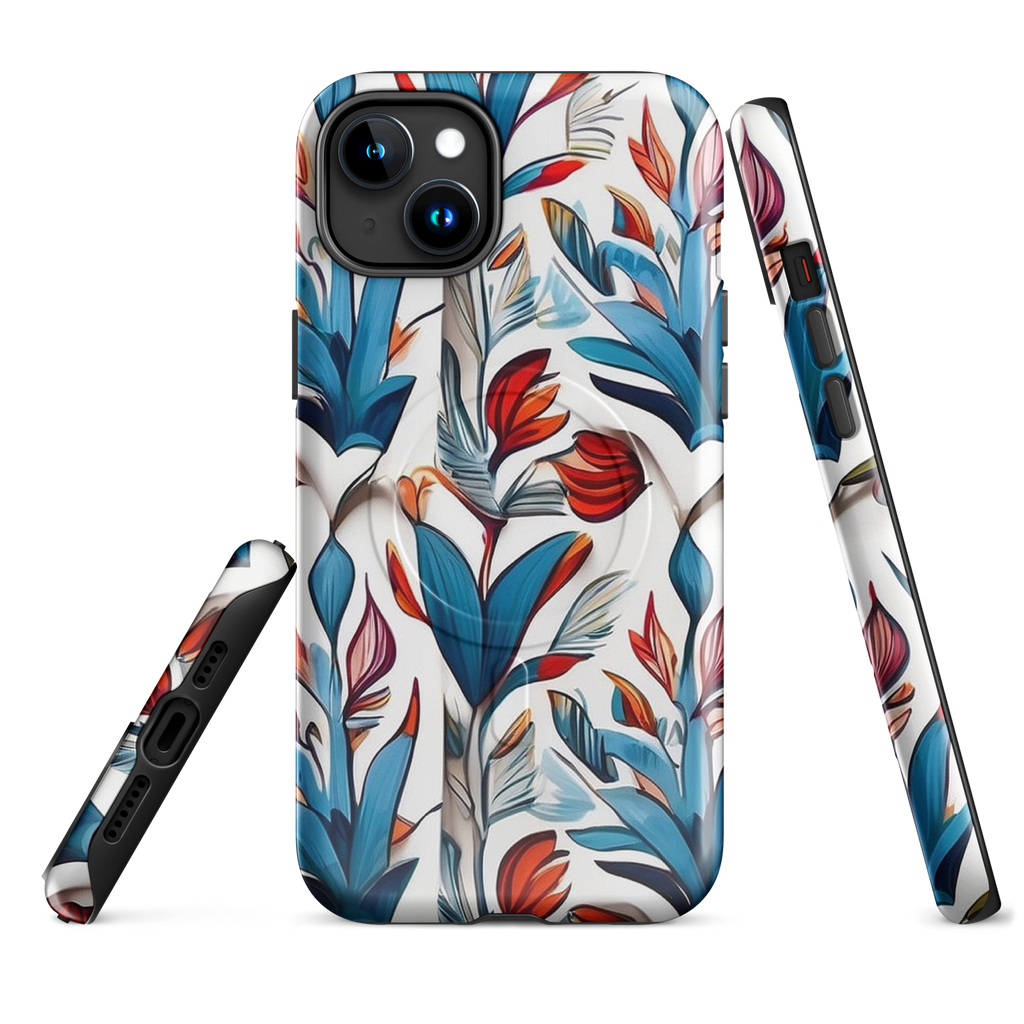 MagSafe iPhone case with colorful nature-inspired floral and jungle leaf design in red, blue, and green tones – stylish shockproof eco cover