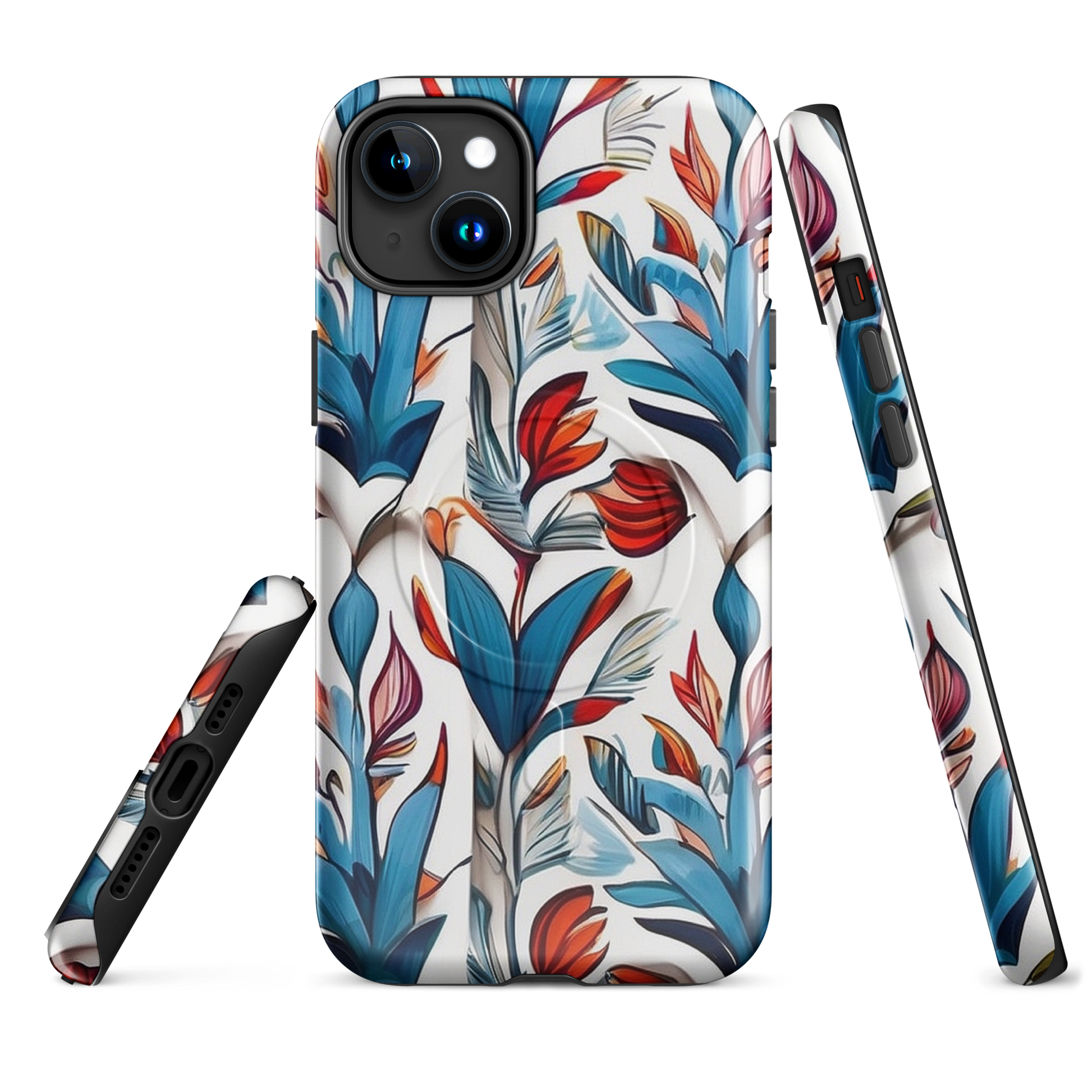 MagSafe iPhone case with colorful nature-inspired floral and jungle leaf design in red, blue, and green tones – stylish shockproof eco cover