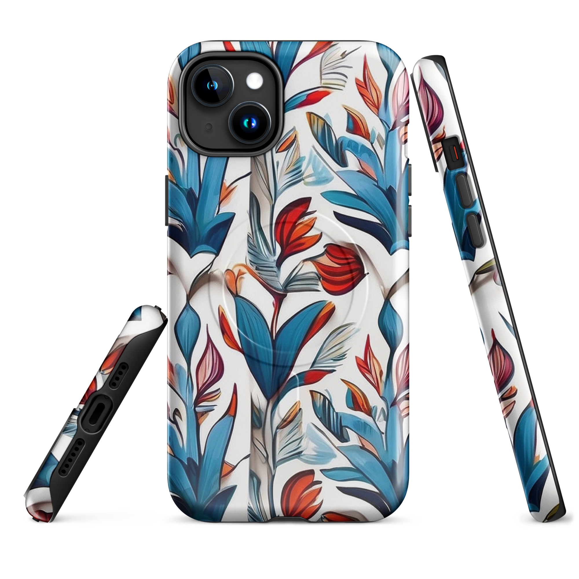 MagSafe iPhone case with colorful nature-inspired floral and jungle leaf design in red, blue, and green tones – stylish shockproof eco cover