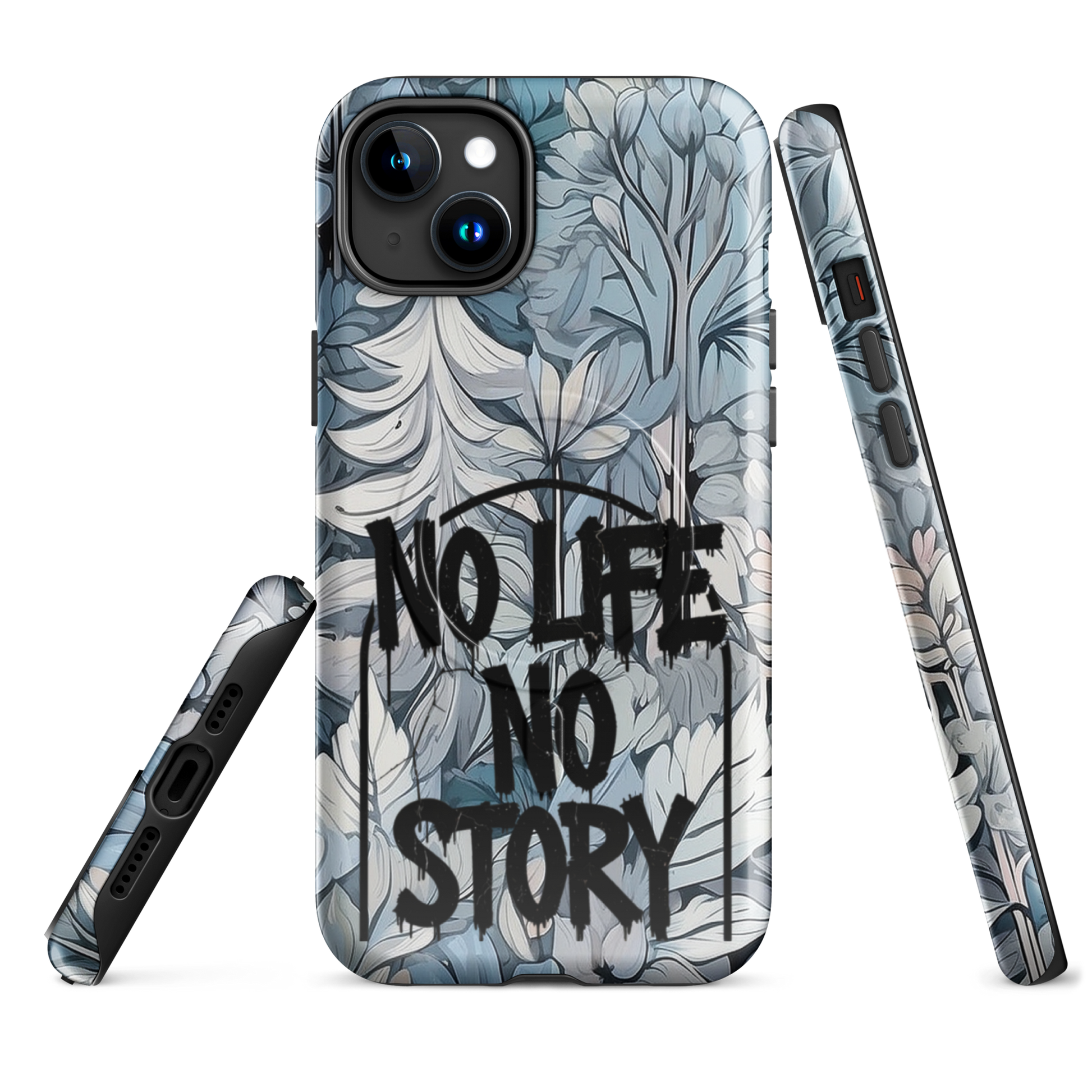 Blue & Grey iPhone® MagSafe® tough case with ‘No Life No Story’ graffiti slogan and gothic forest background design