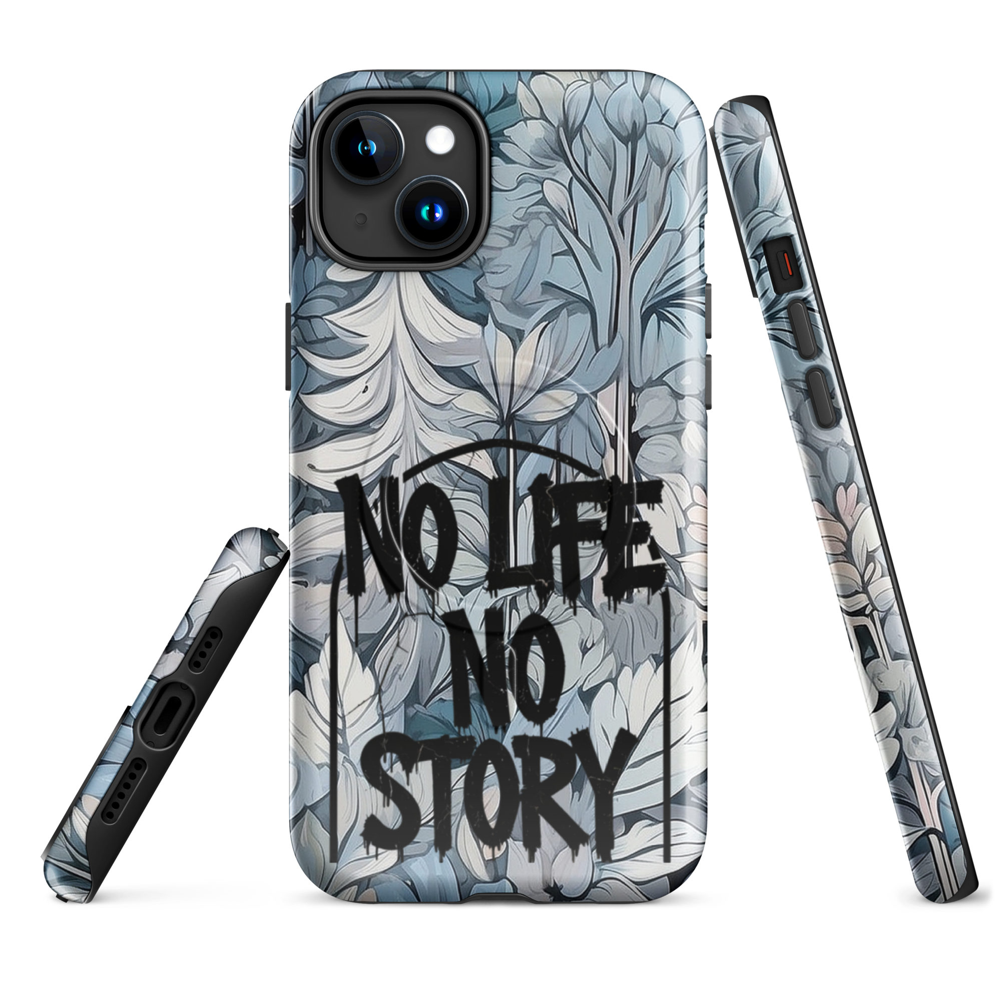 Blue & Grey iPhone® MagSafe® tough case with ‘No Life No Story’ graffiti slogan and gothic forest background design