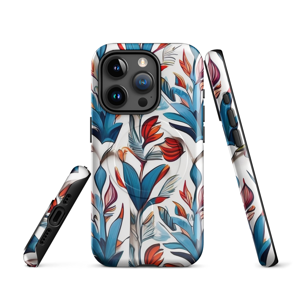 MagSafe iPhone case with colorful nature-inspired floral and jungle leaf design in red, blue, and green tones – stylish shockproof eco cover