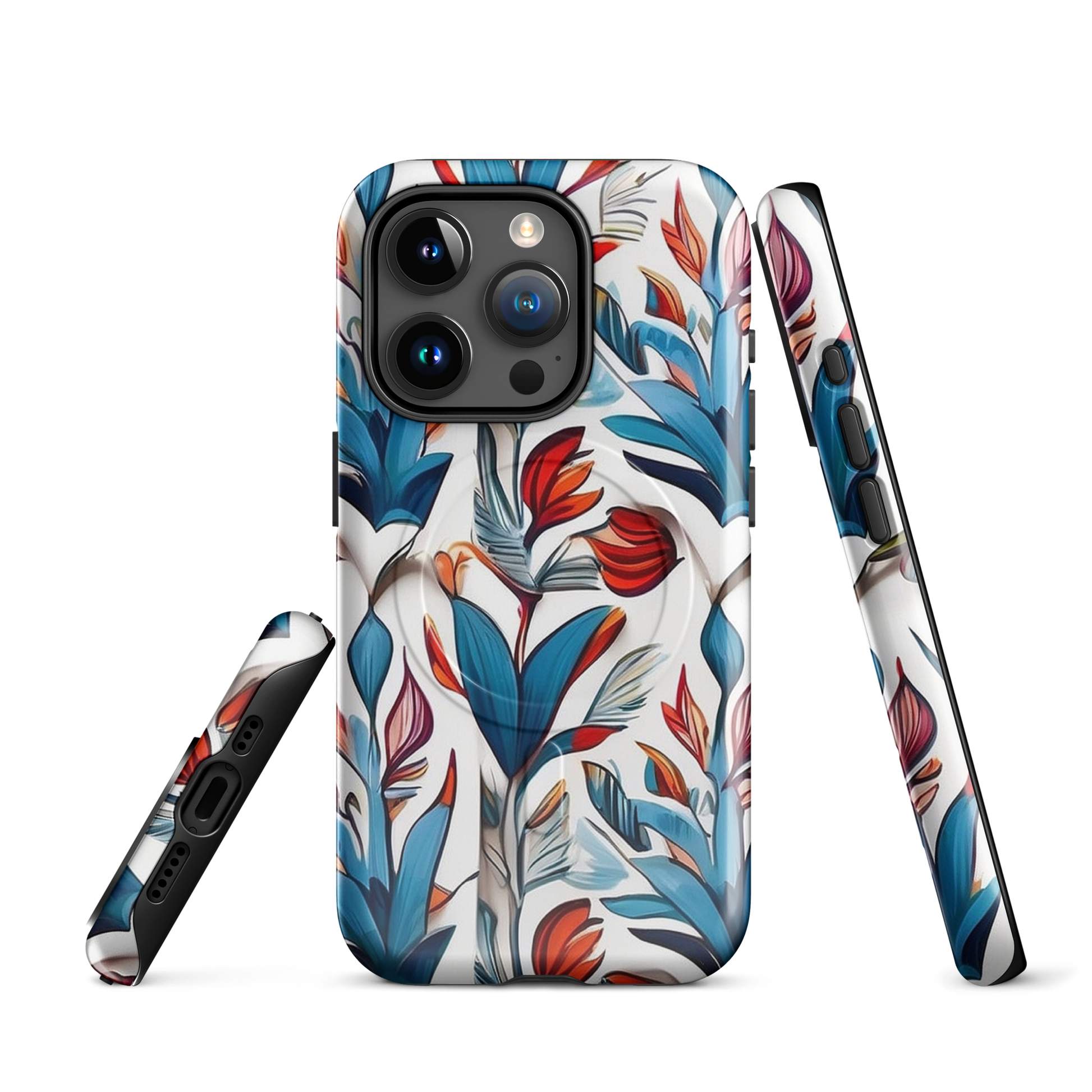 MagSafe iPhone case with colorful nature-inspired floral and jungle leaf design in red, blue, and green tones – stylish shockproof eco cover