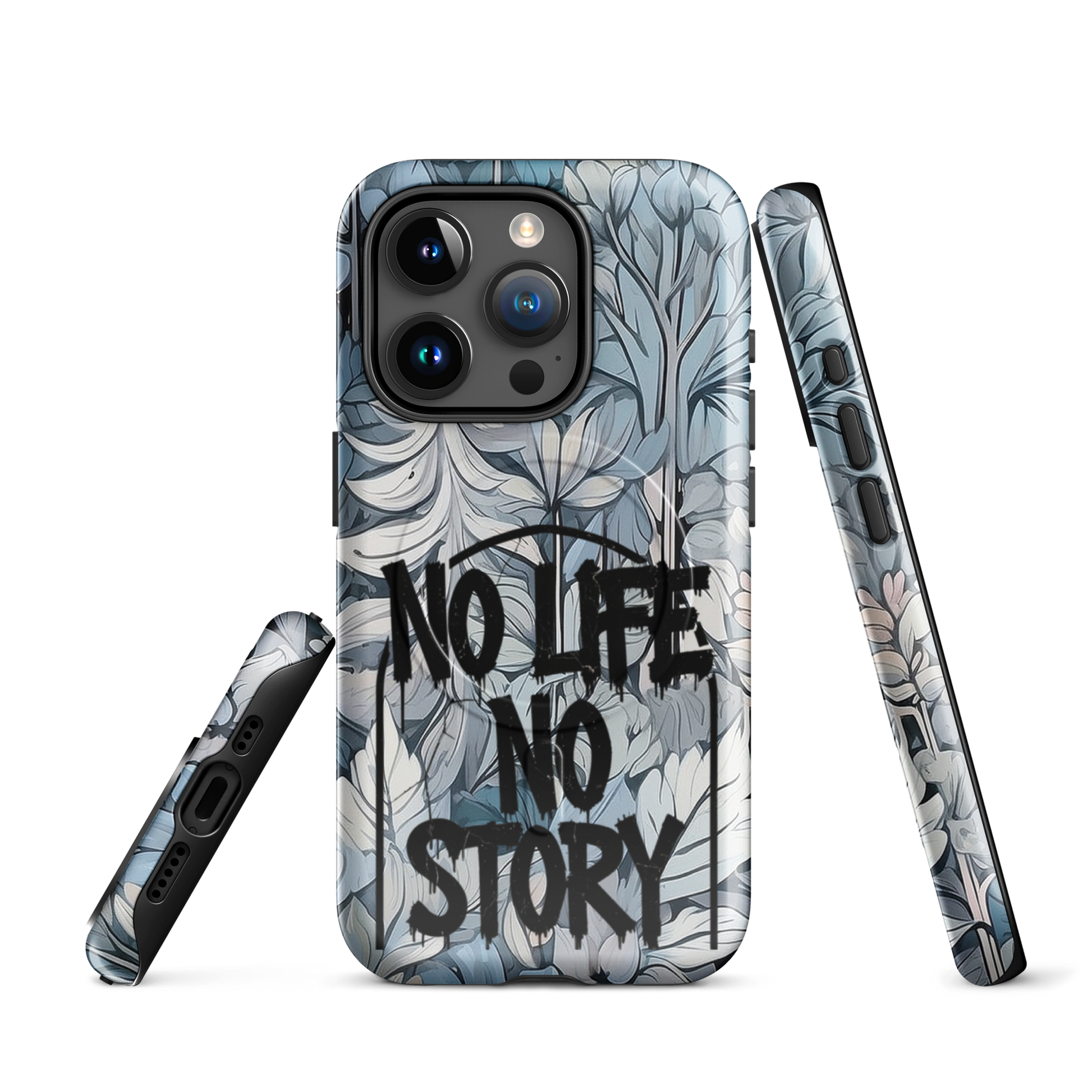 Blue & Grey iPhone® MagSafe® tough case with ‘No Life No Story’ graffiti slogan and gothic forest background design