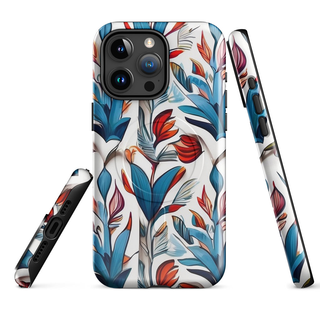 MagSafe iPhone case with colorful nature-inspired floral and jungle leaf design in red, blue, and green tones – stylish shockproof eco cover