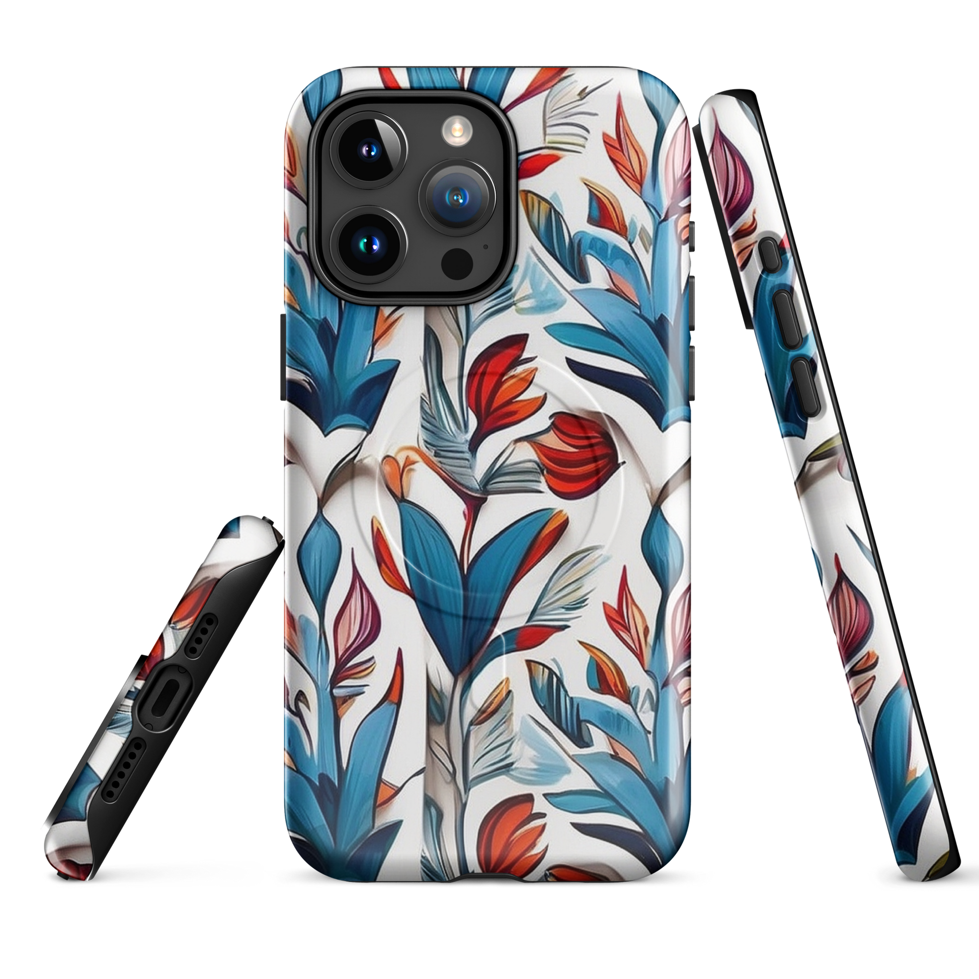 MagSafe iPhone case with colorful nature-inspired floral and jungle leaf design in red, blue, and green tones – stylish shockproof eco cover
