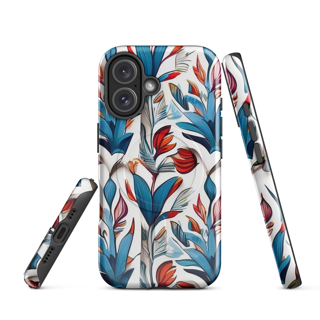 MagSafe iPhone case with colorful nature-inspired floral and jungle leaf design in red, blue, and green tones – stylish shockproof eco cover