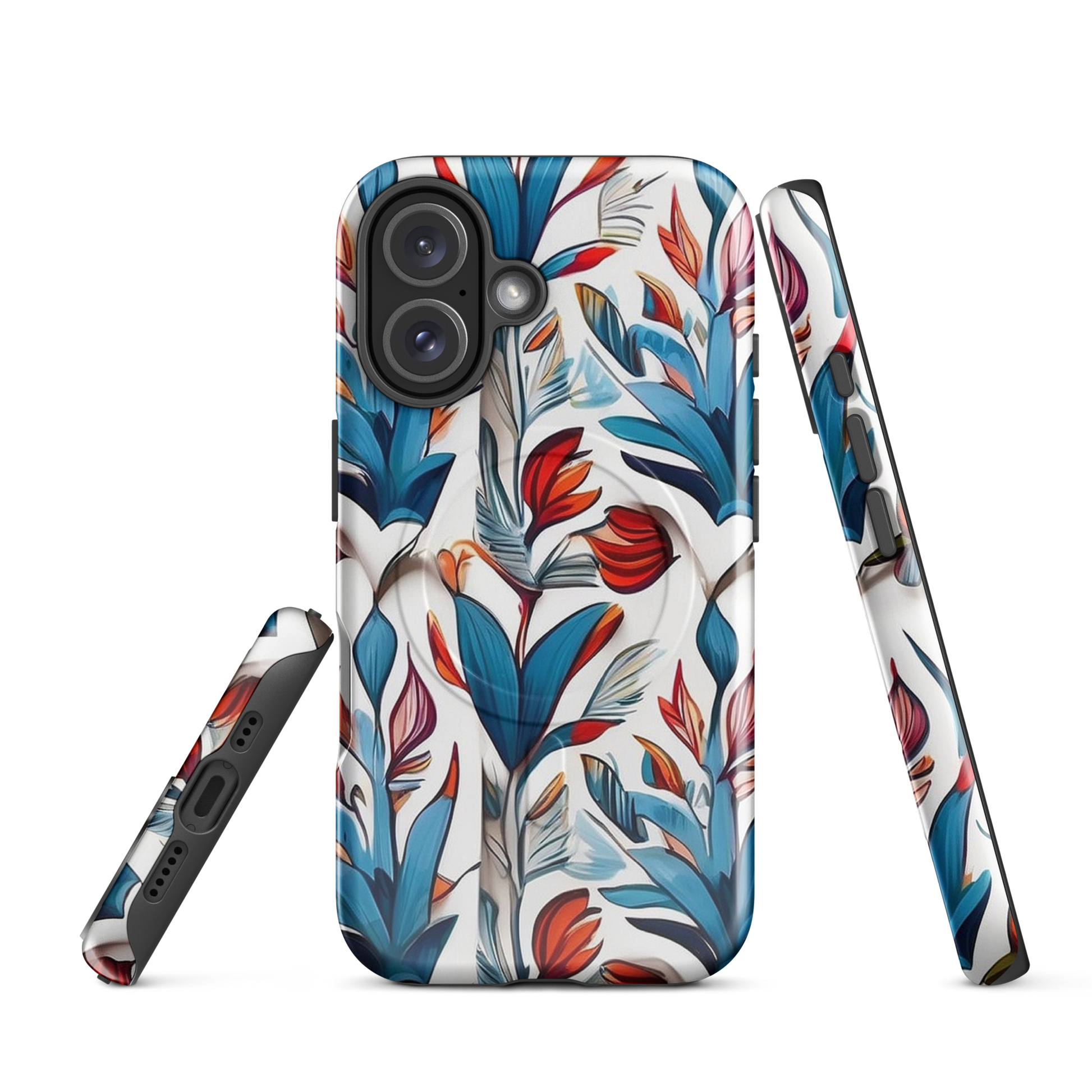 MagSafe iPhone case with colorful nature-inspired floral and jungle leaf design in red, blue, and green tones – stylish shockproof eco cover