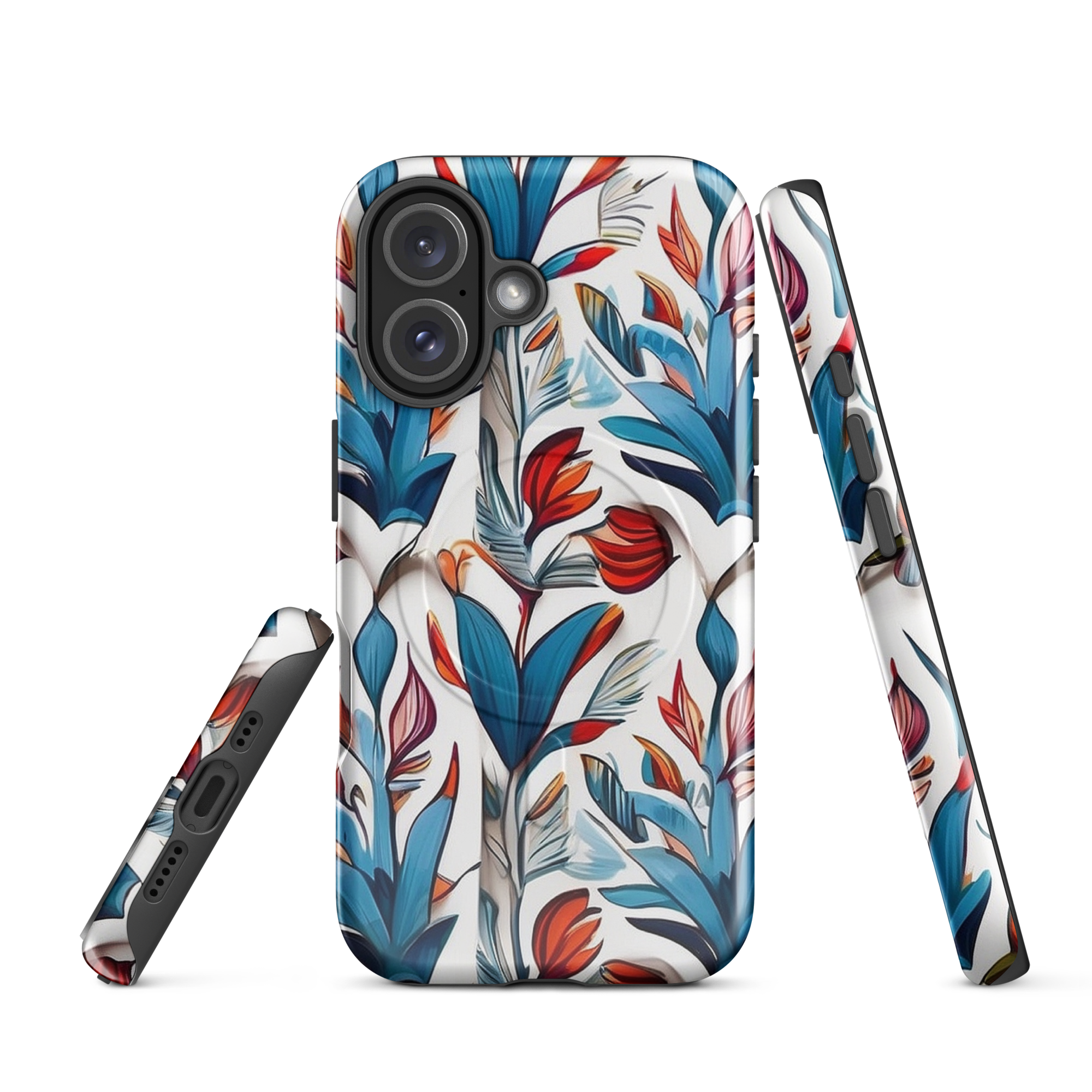 MagSafe iPhone case with colorful nature-inspired floral and jungle leaf design in red, blue, and green tones – stylish shockproof eco cover