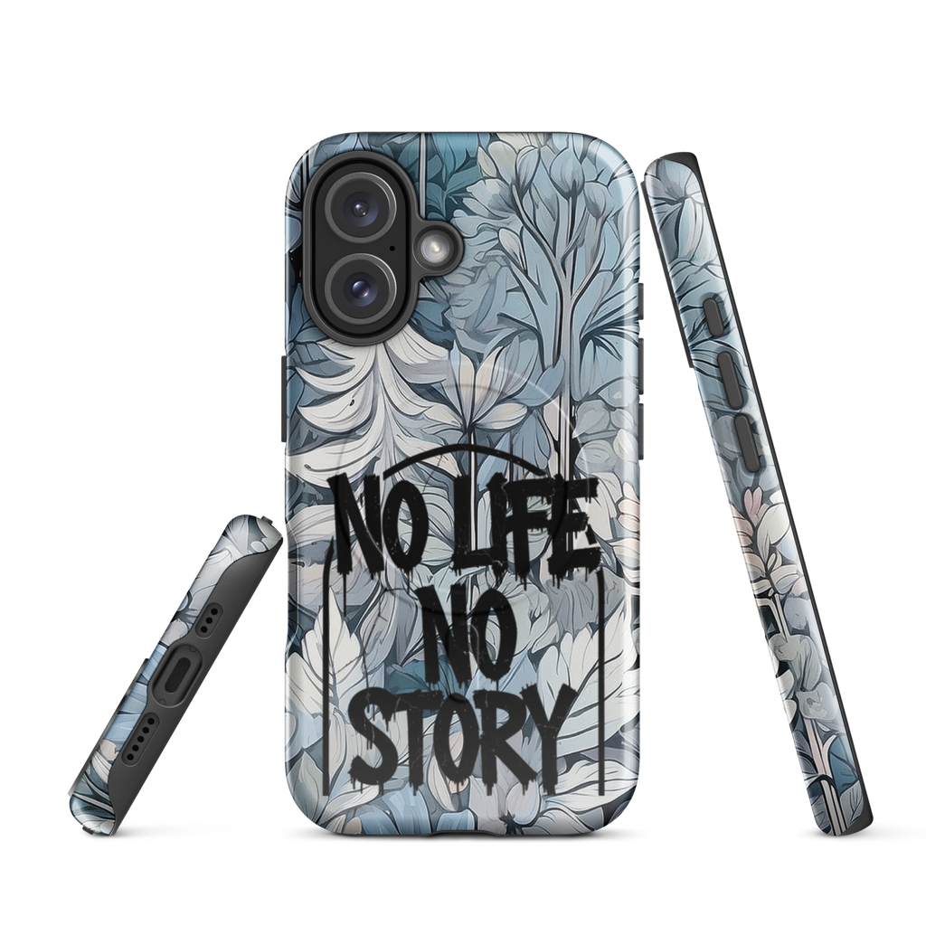 Blue & Grey iPhone® MagSafe® tough case with ‘No Life No Story’ graffiti slogan and gothic forest background design