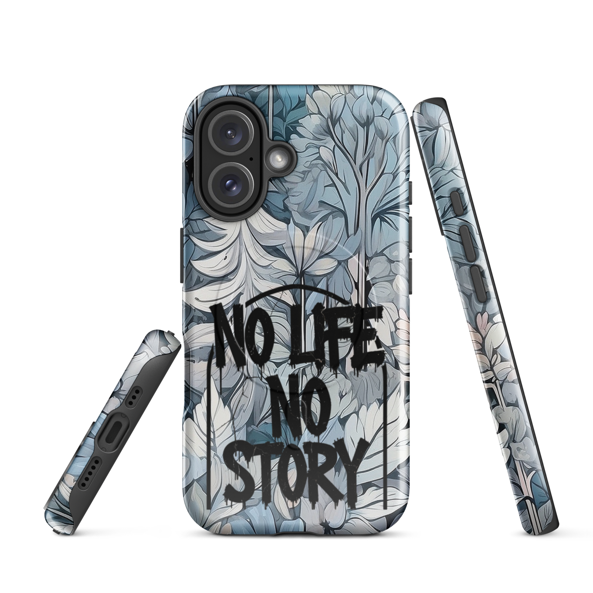 Blue & Grey iPhone® MagSafe® tough case with ‘No Life No Story’ graffiti slogan and gothic forest background design