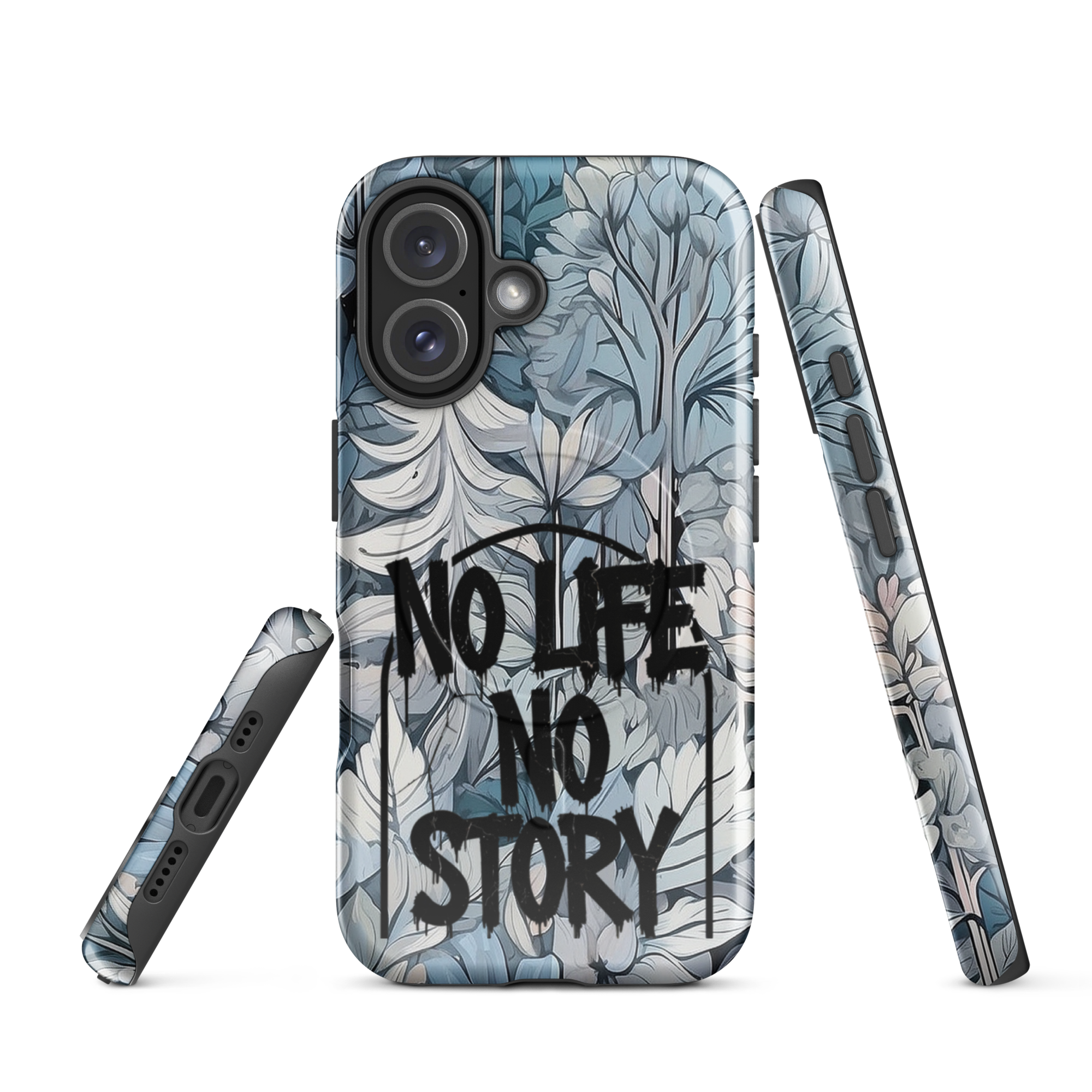 Blue & Grey iPhone® MagSafe® tough case with ‘No Life No Story’ graffiti slogan and gothic forest background design