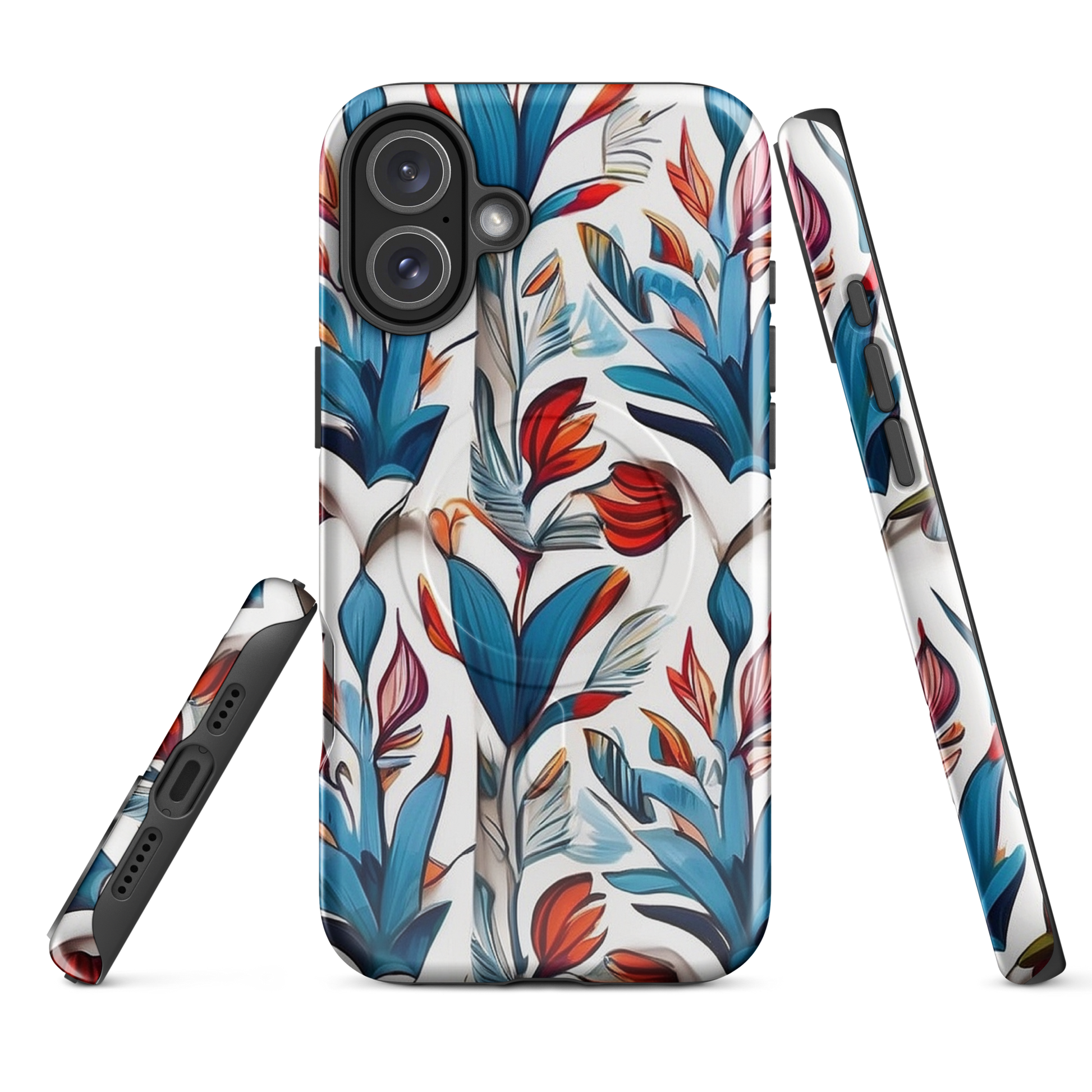 MagSafe iPhone case with colorful nature-inspired floral and jungle leaf design in red, blue, and green tones – stylish shockproof eco cover