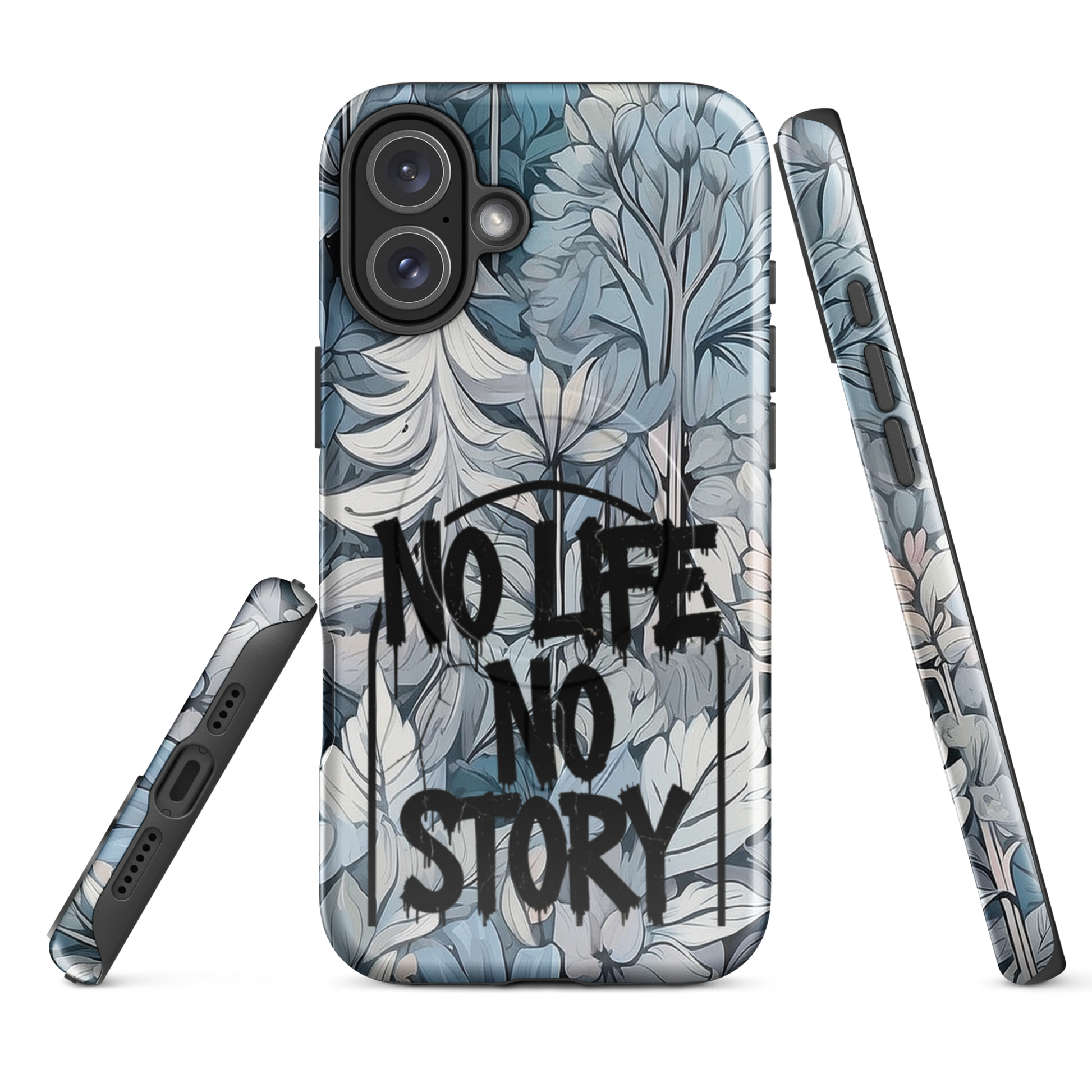 Blue & Grey iPhone® MagSafe® tough case with ‘No Life No Story’ graffiti slogan and gothic forest background design