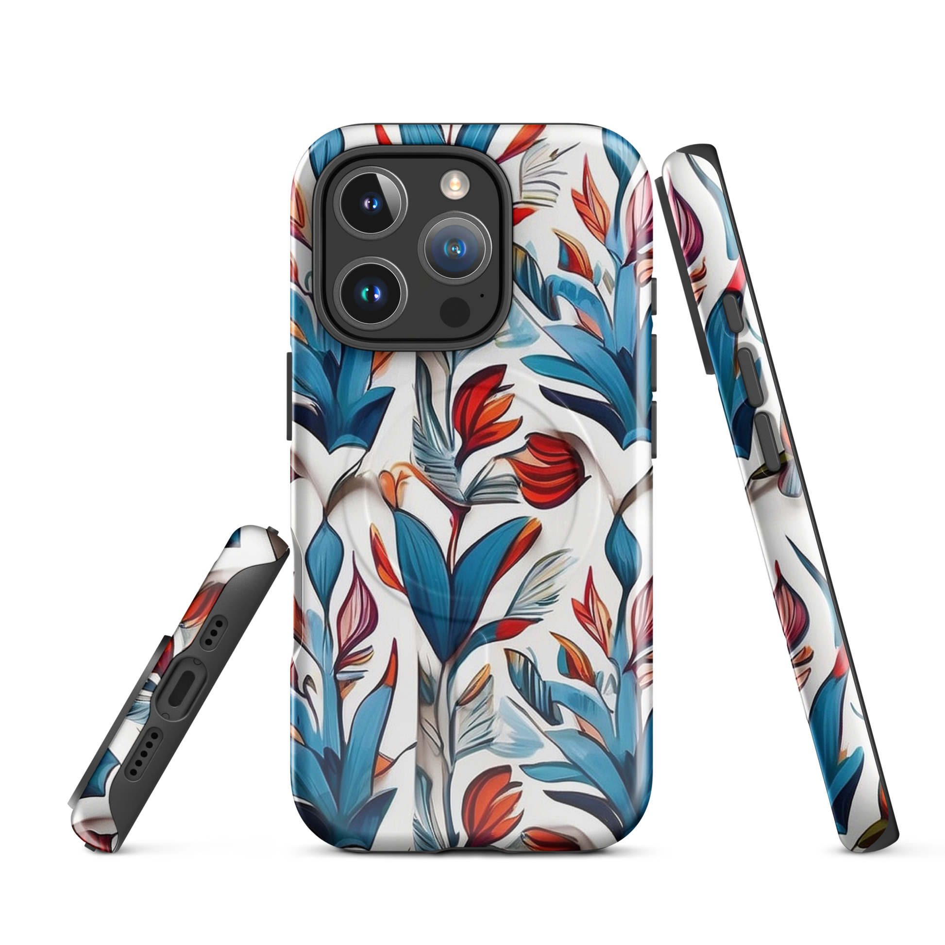 MagSafe iPhone case with colorful nature-inspired floral and jungle leaf design in red, blue, and green tones – stylish shockproof eco cover
